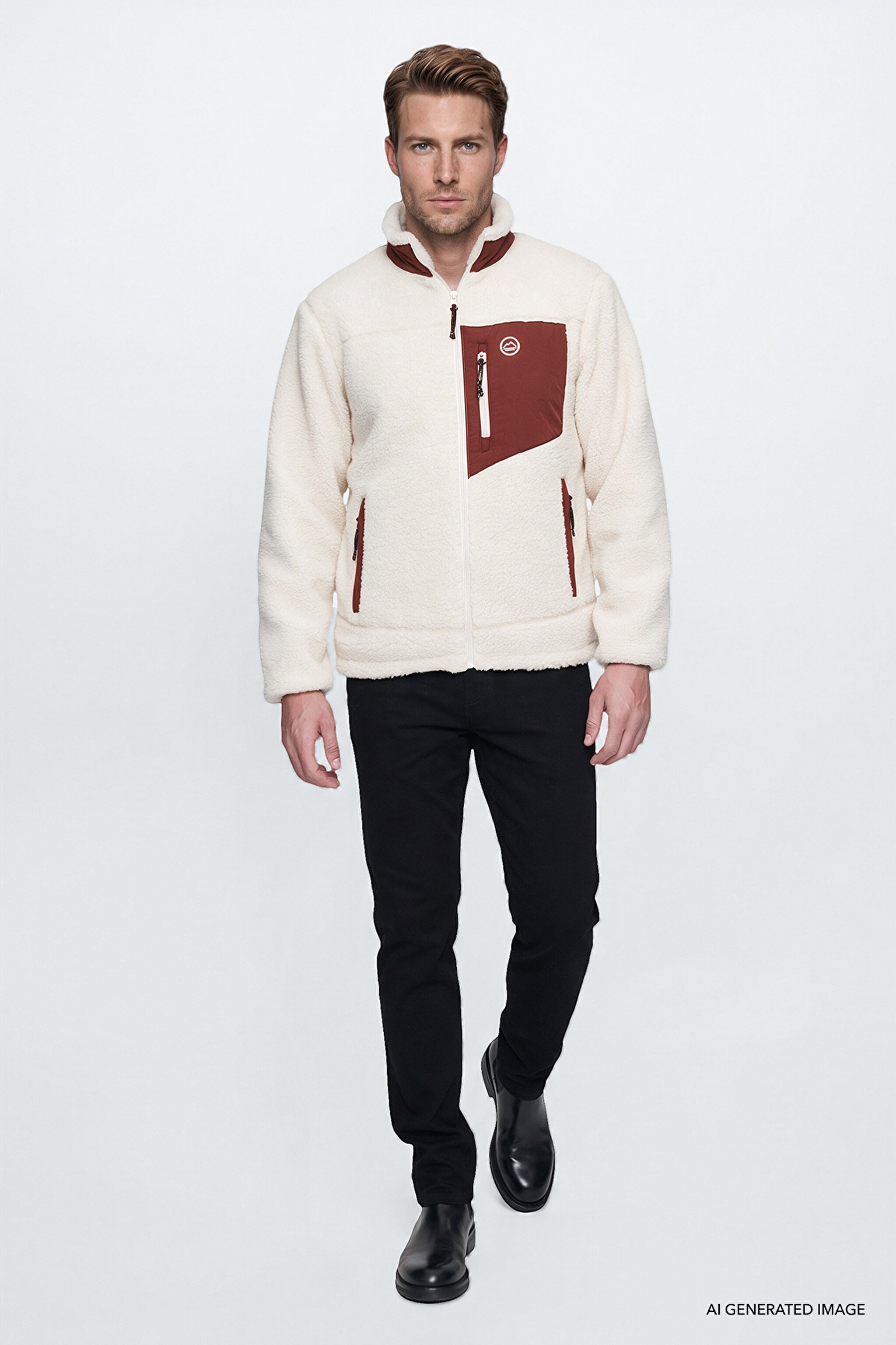 Regular Fit Normal Kesim Dik Yaka Tam Fermuarlı Cepli Sherpa Sweatshirt Polar - Ecru-W2620003104 (görsel 4)