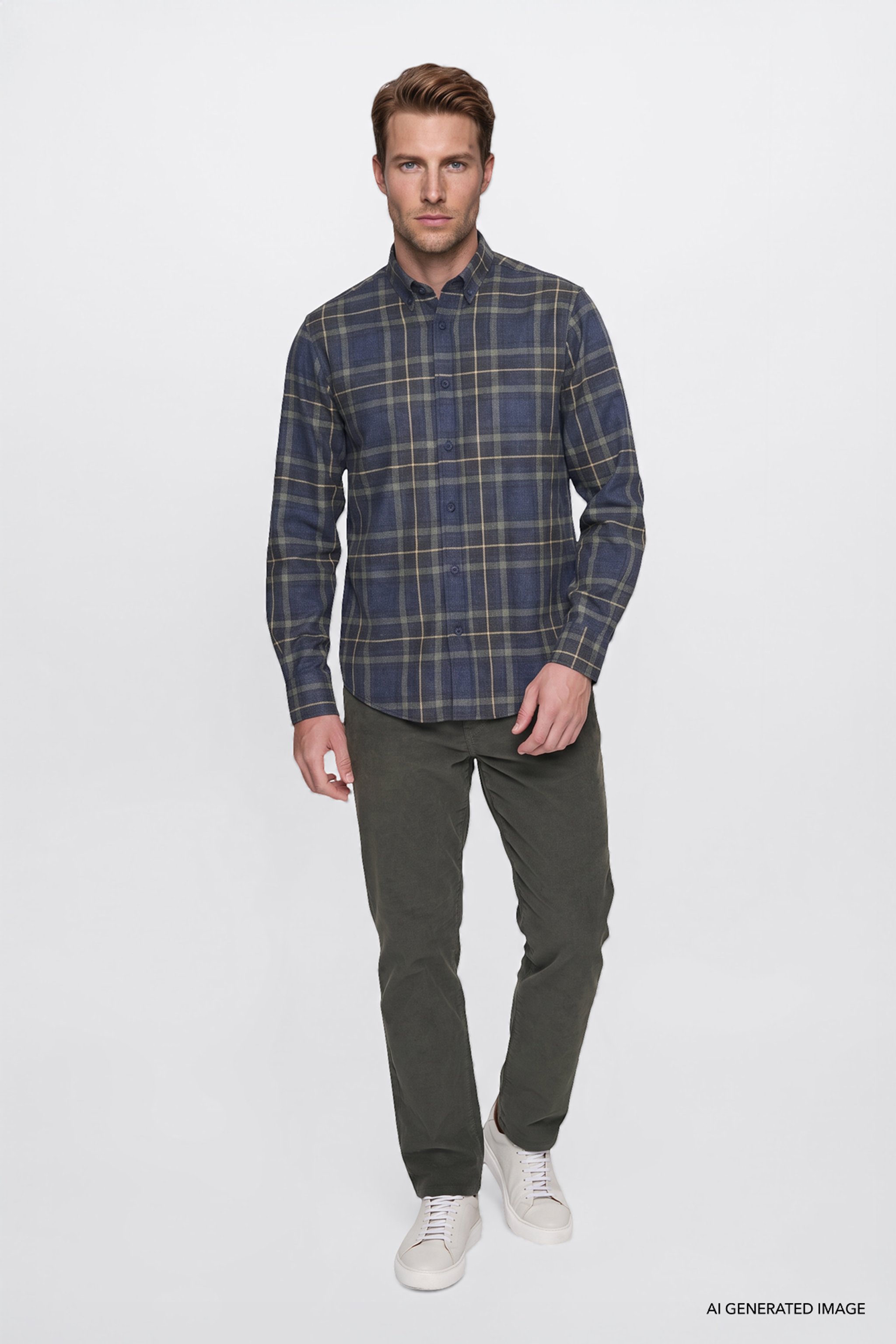 Regular Fit Normal Kesim Gömlek Yaka Ekose Gömlek - Navy-W2620052410 (görsel 2)