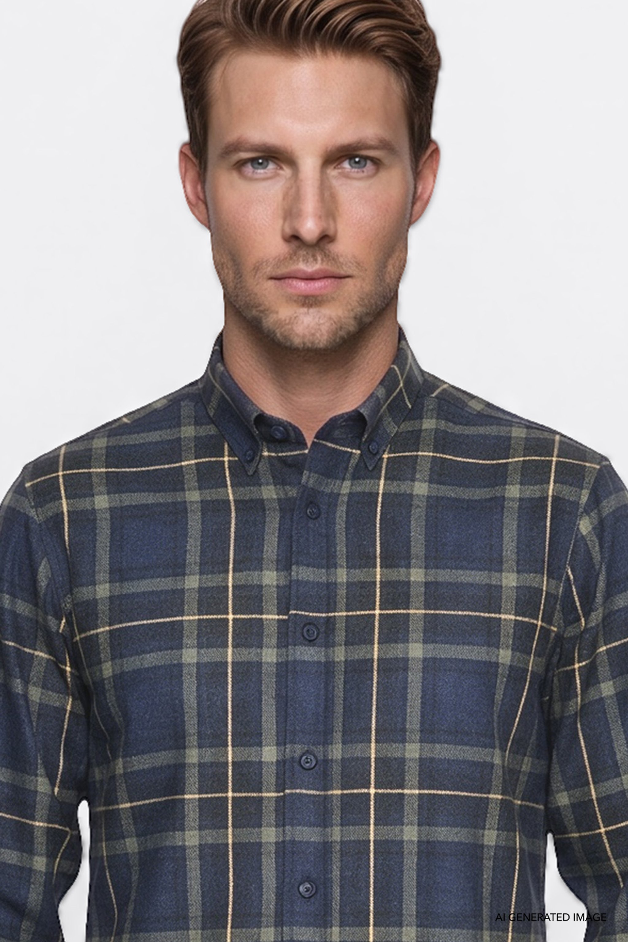 Regular Fit Normal Kesim Gömlek Yaka Ekose Gömlek - Navy-W2620052410 (görsel 5)
