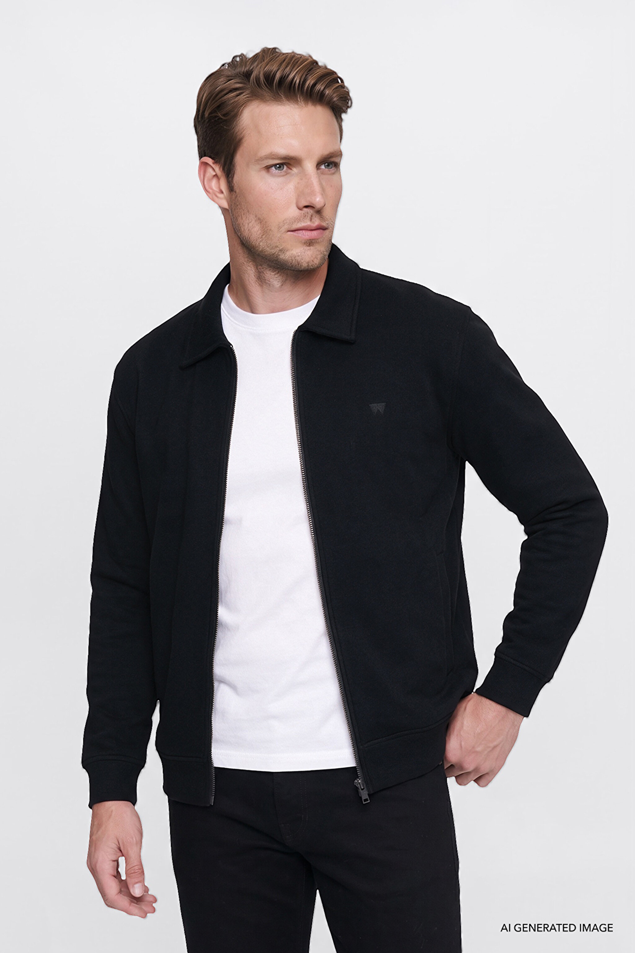 Pamuklu Relaxed Fit Dik Yaka Fermuarlı Selanik Örgü Sweatshirt - Black-W2620068001