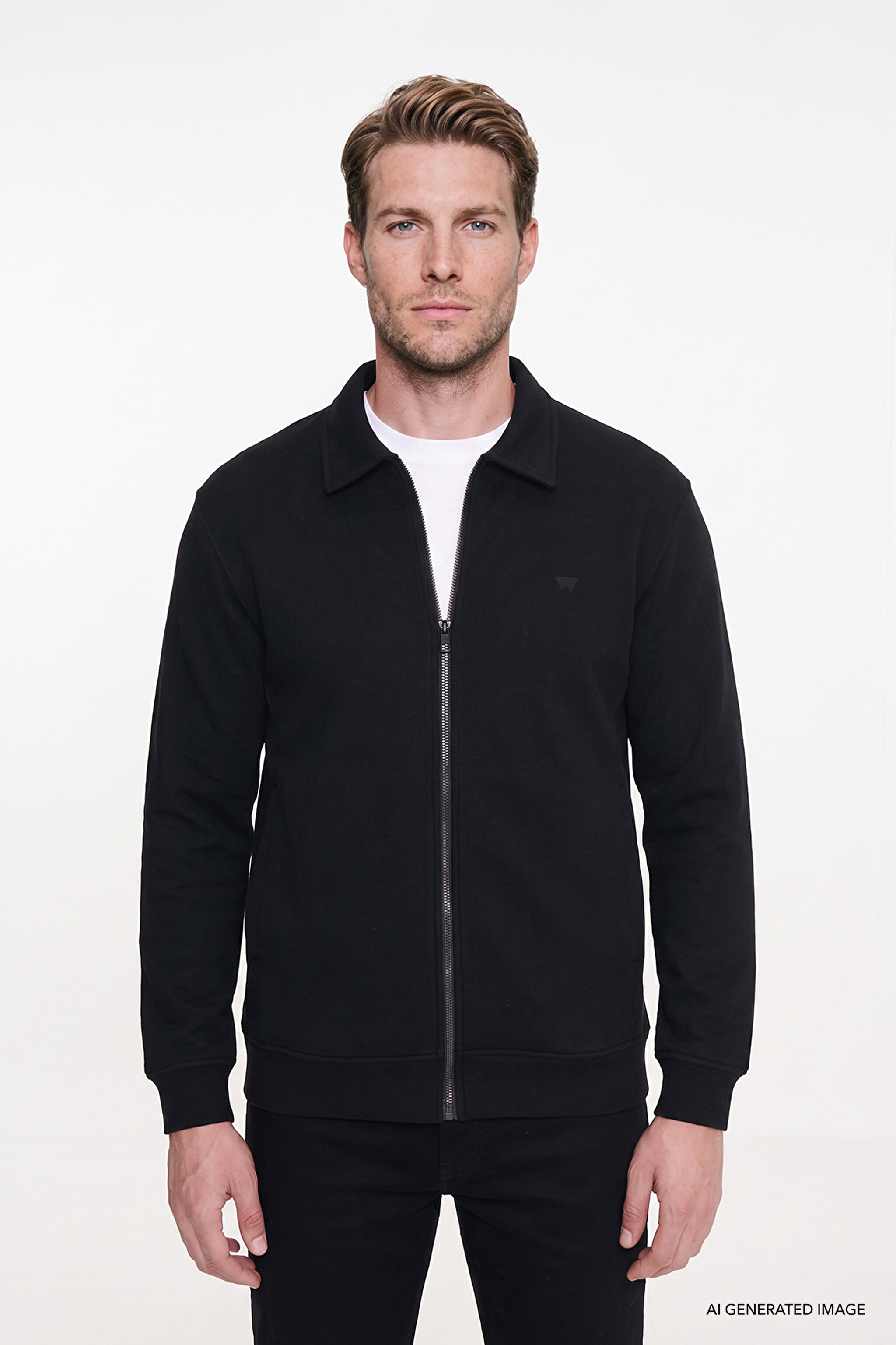 Pamuklu Relaxed Fit Dik Yaka Fermuarlı Selanik Örgü Sweatshirt - Black-W2620068001 (görsel 3)