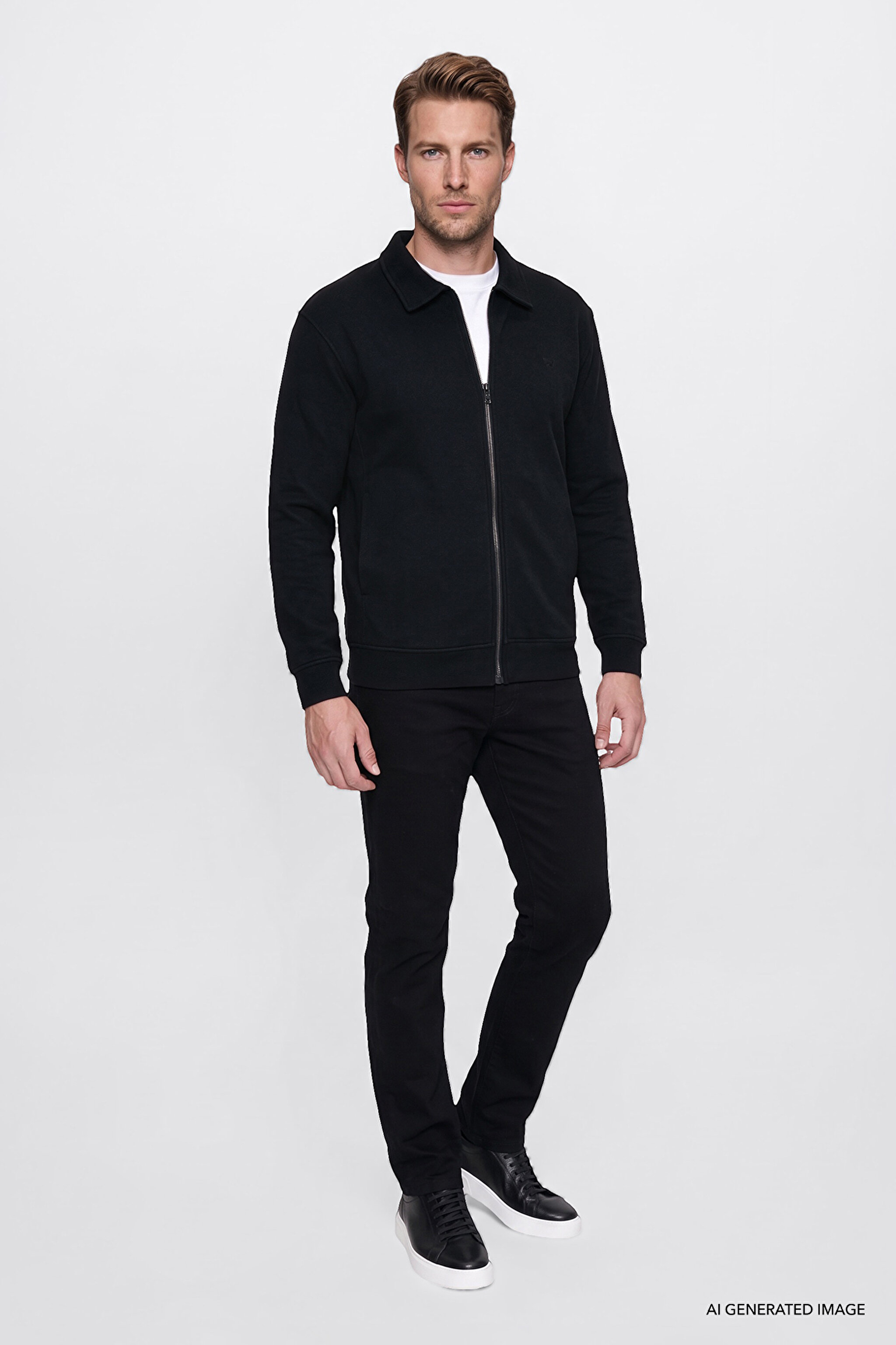 Pamuklu Relaxed Fit Dik Yaka Fermuarlı Selanik Örgü Sweatshirt - Black-W2620068001 (görsel 4)