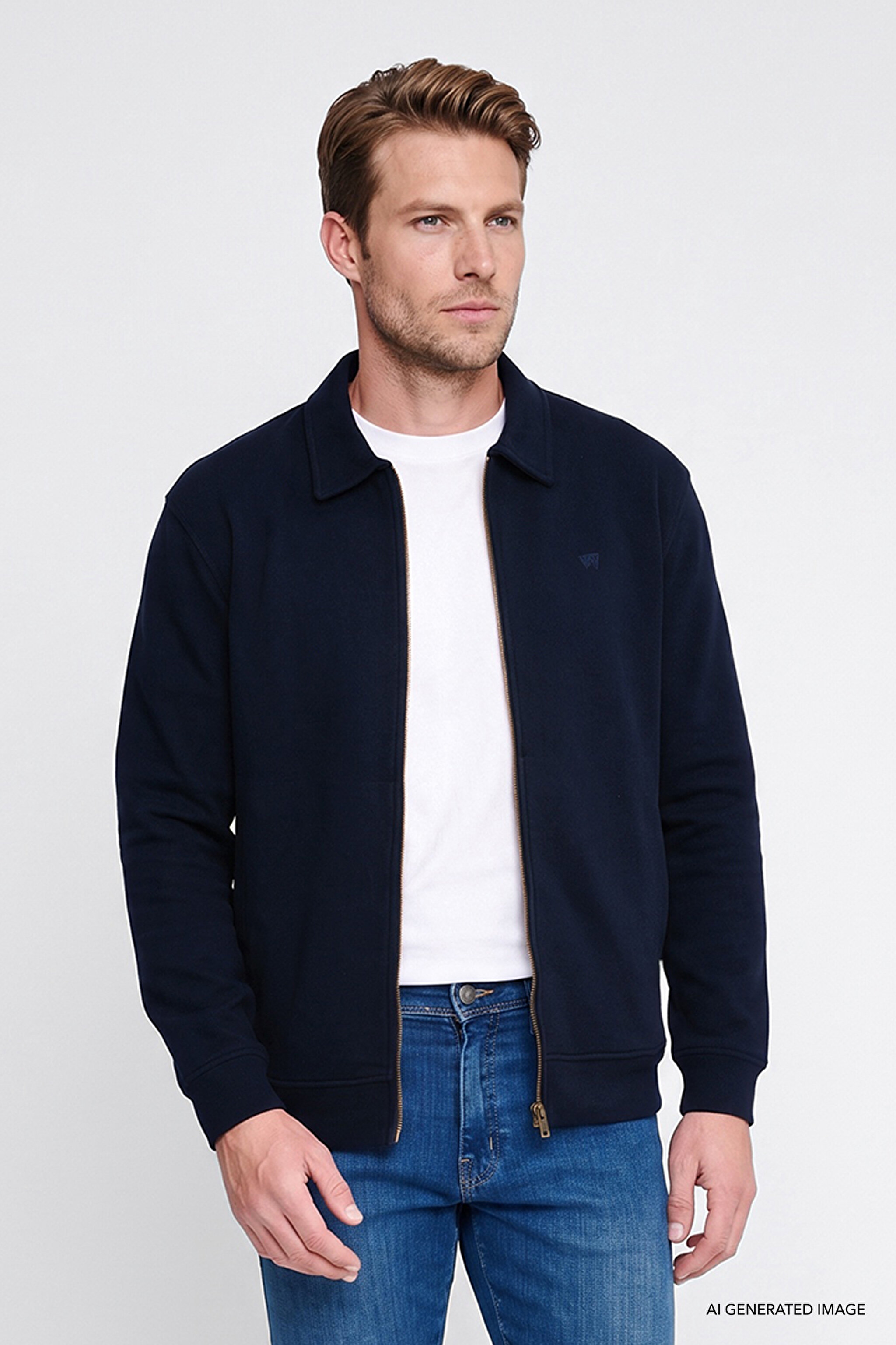 Pamuklu Relaxed Fit Dik Yaka Fermuarlı Selanik Örgü Sweatshirt - Navy-W2620068410 (görsel 3)
