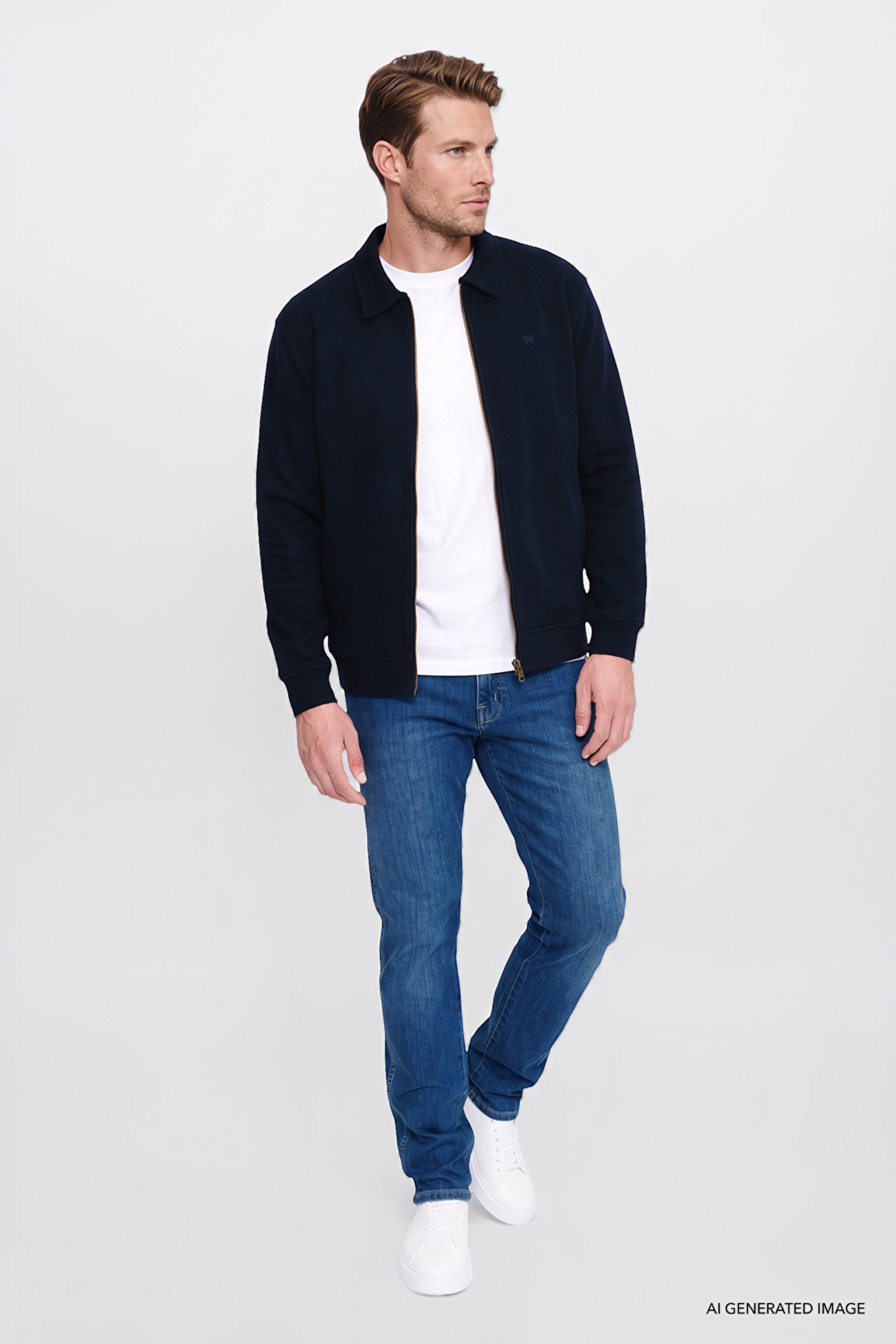 Pamuklu Relaxed Fit Dik Yaka Fermuarlı Selanik Örgü Sweatshirt - Navy-W2620068410 (görsel 4)