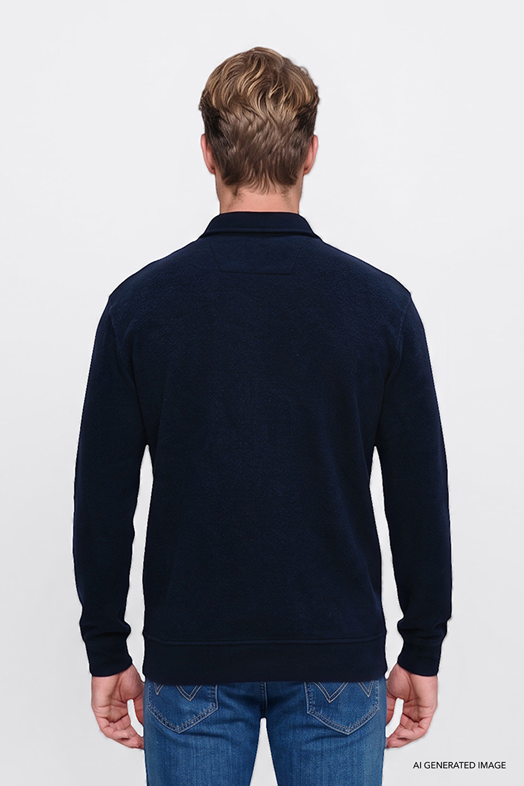 Pamuklu Relaxed Fit Dik Yaka Fermuarlı Selanik Örgü Sweatshirt - Navy-W2620068410 (görsel 5)
