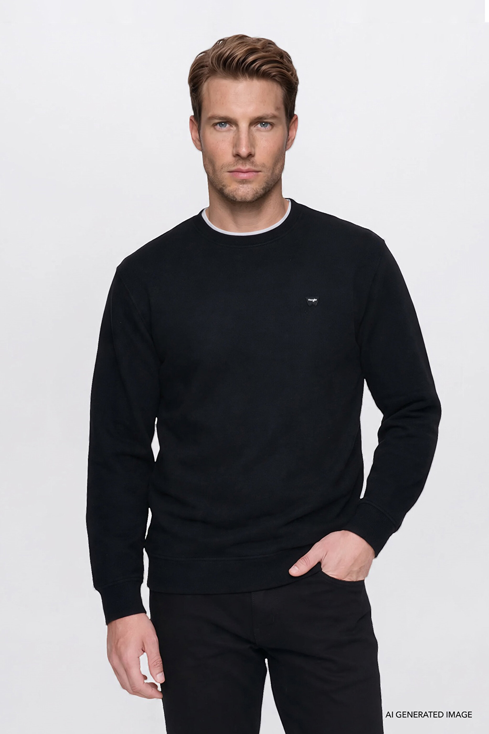 Pamuklu Selanik Regular Fit Normal Kesim Bisiklet Yaka Sweatshirt - Black-W2620080001