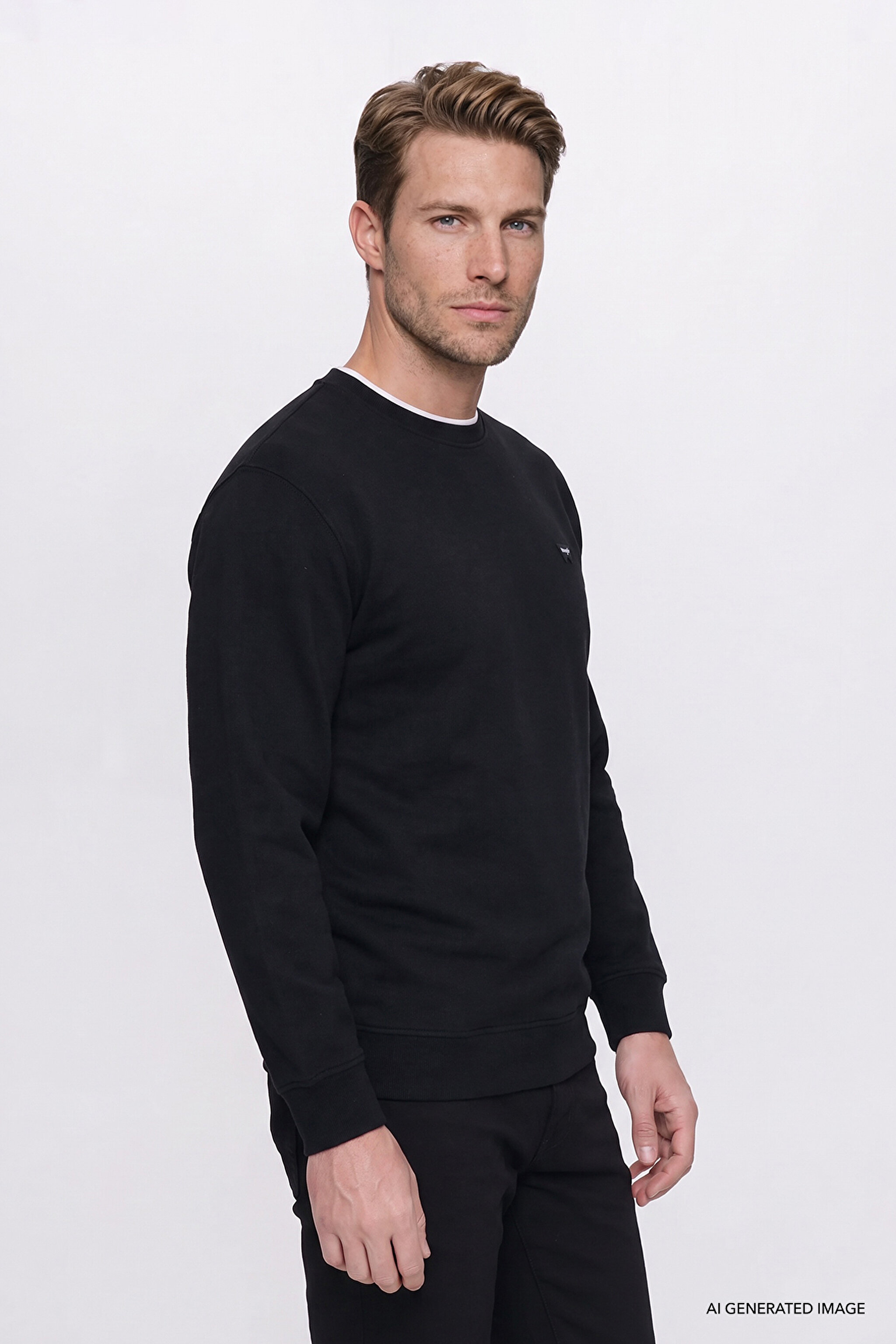 Pamuklu Selanik Regular Fit Normal Kesim Bisiklet Yaka Sweatshirt - Black-W2620080001 (görsel 3)