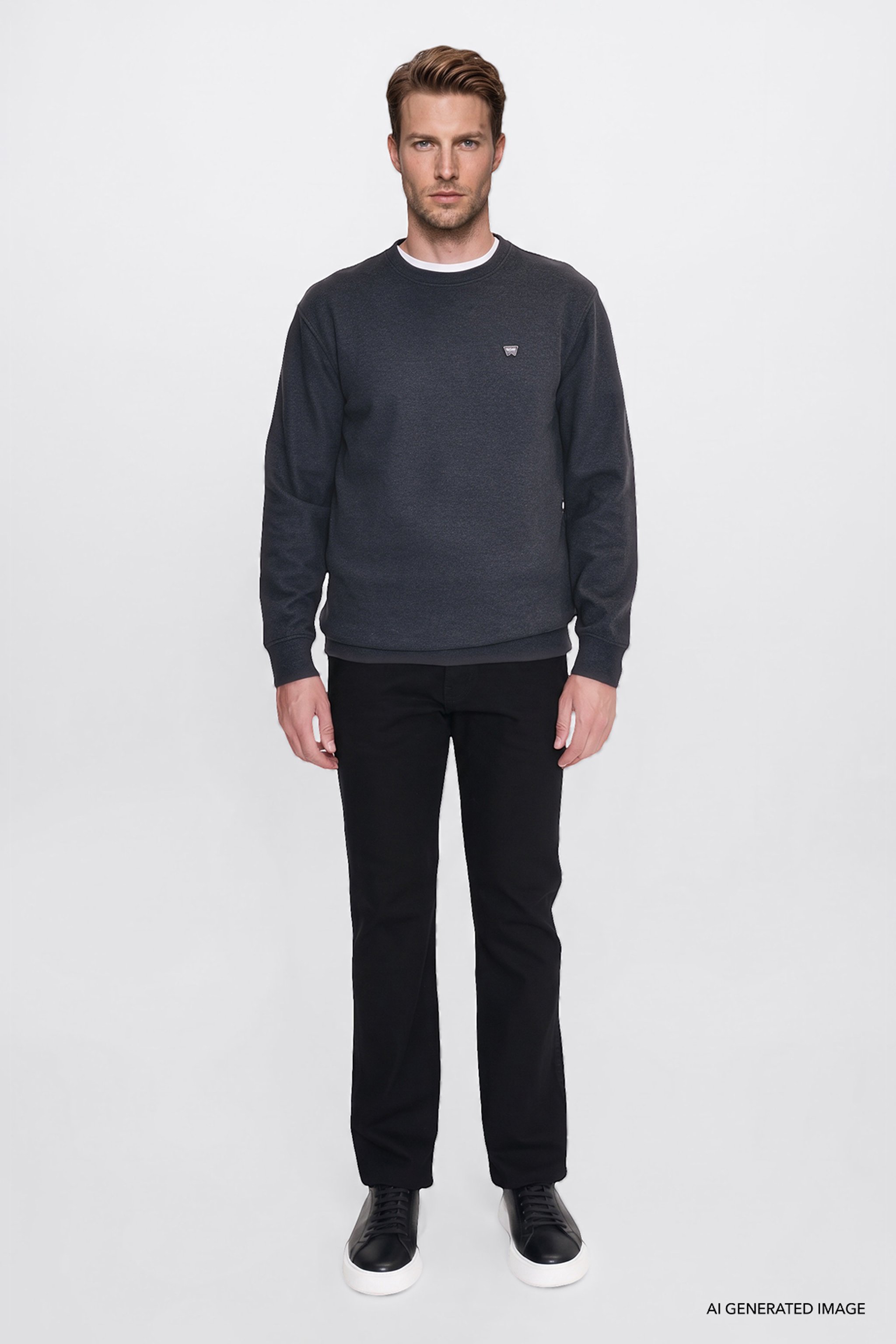 Pamuklu Selanik Regular Fit Normal Kesim Bisiklet Yaka Sweatshirt - Anthracita-W2620080003 (görsel 2)