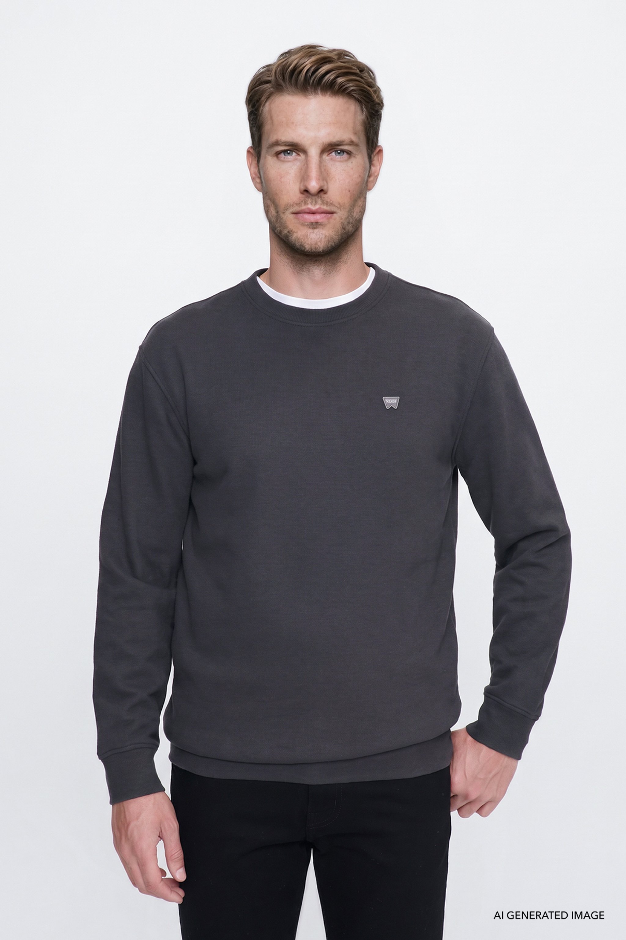 Pamuklu Selanik Regular Fit Normal Kesim Bisiklet Yaka Sweatshirt - Anthracita-W2620080003 (görsel 4)