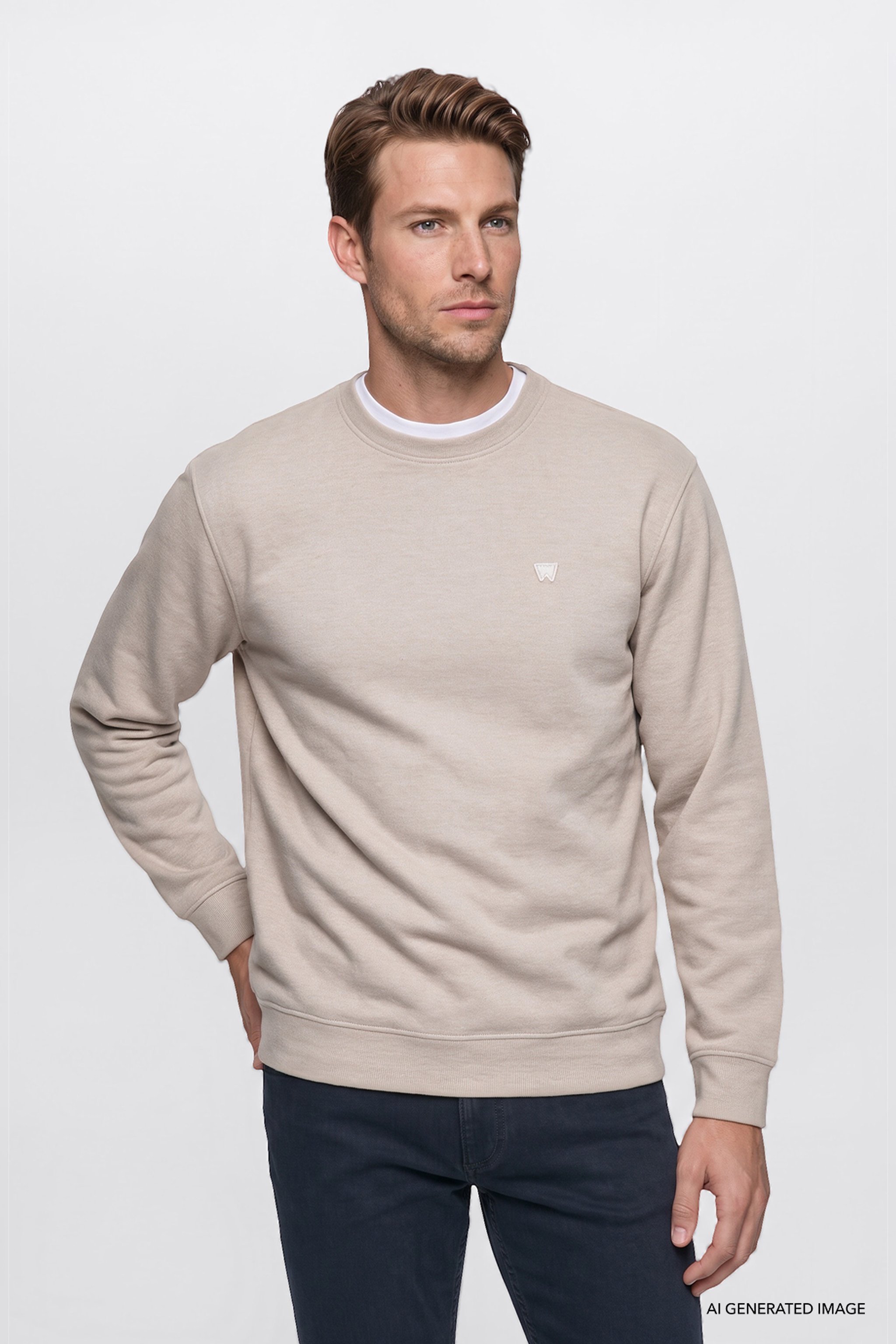 Pamuklu Selanik Regular Fit Normal Kesim Bisiklet Yaka Sweatshirt - Beige Melange-W2620080500 (görsel 3)