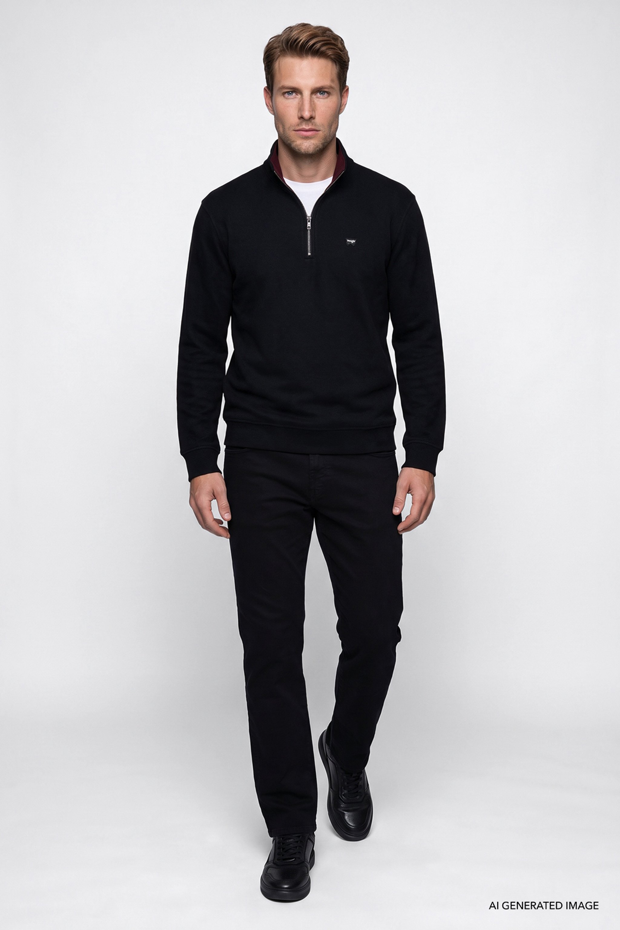 Pamuklu Selanik Regular Fit Normal Kesim Fermuarlı Dik Yaka Sweatshirt - Black-W2620081001 (görsel 2)