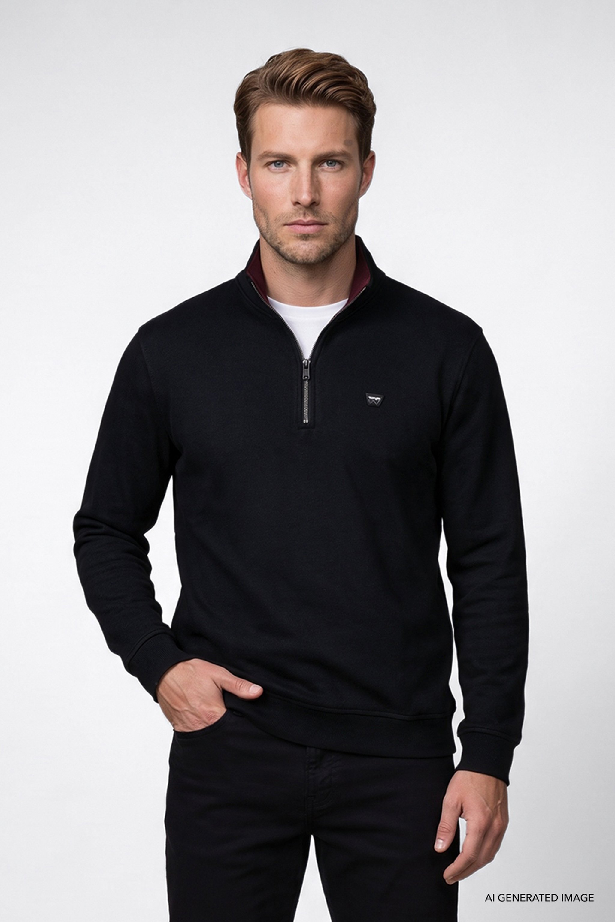 Pamuklu Selanik Regular Fit Normal Kesim Fermuarlı Dik Yaka Sweatshirt - Black-W2620081001 (görsel 3)