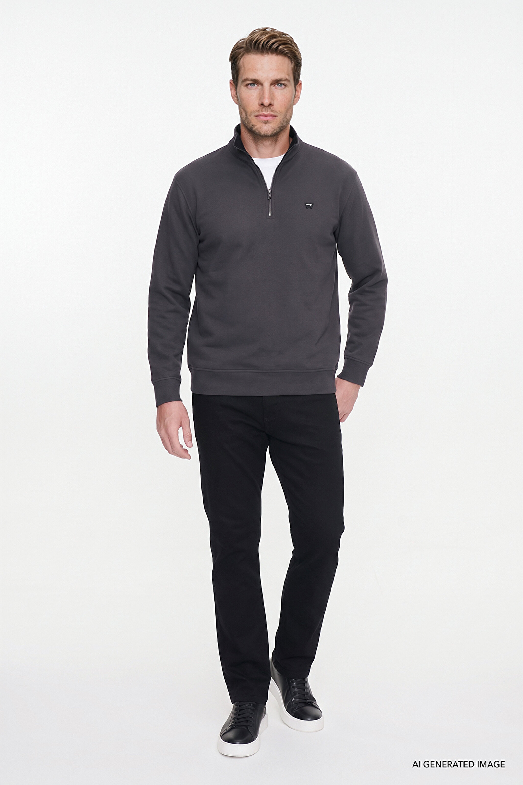 Pamuklu Selanik Regular Fit Normal Kesim Fermuarlı Dik Yaka Sweatshirt - Anthracita-W2620081035 (görsel 2)