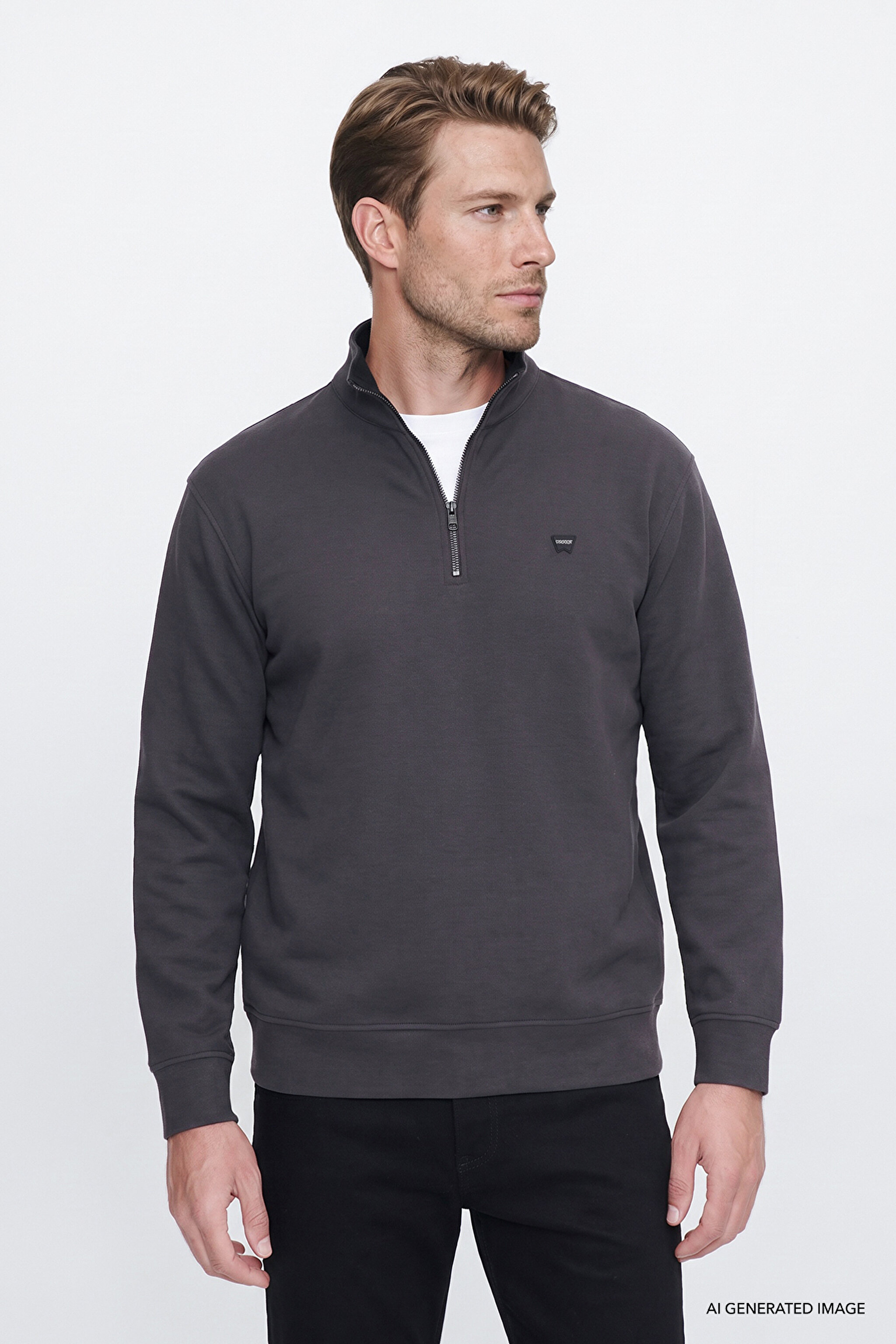 Pamuklu Selanik Regular Fit Normal Kesim Fermuarlı Dik Yaka Sweatshirt - Anthracita-W2620081035 (görsel 3)