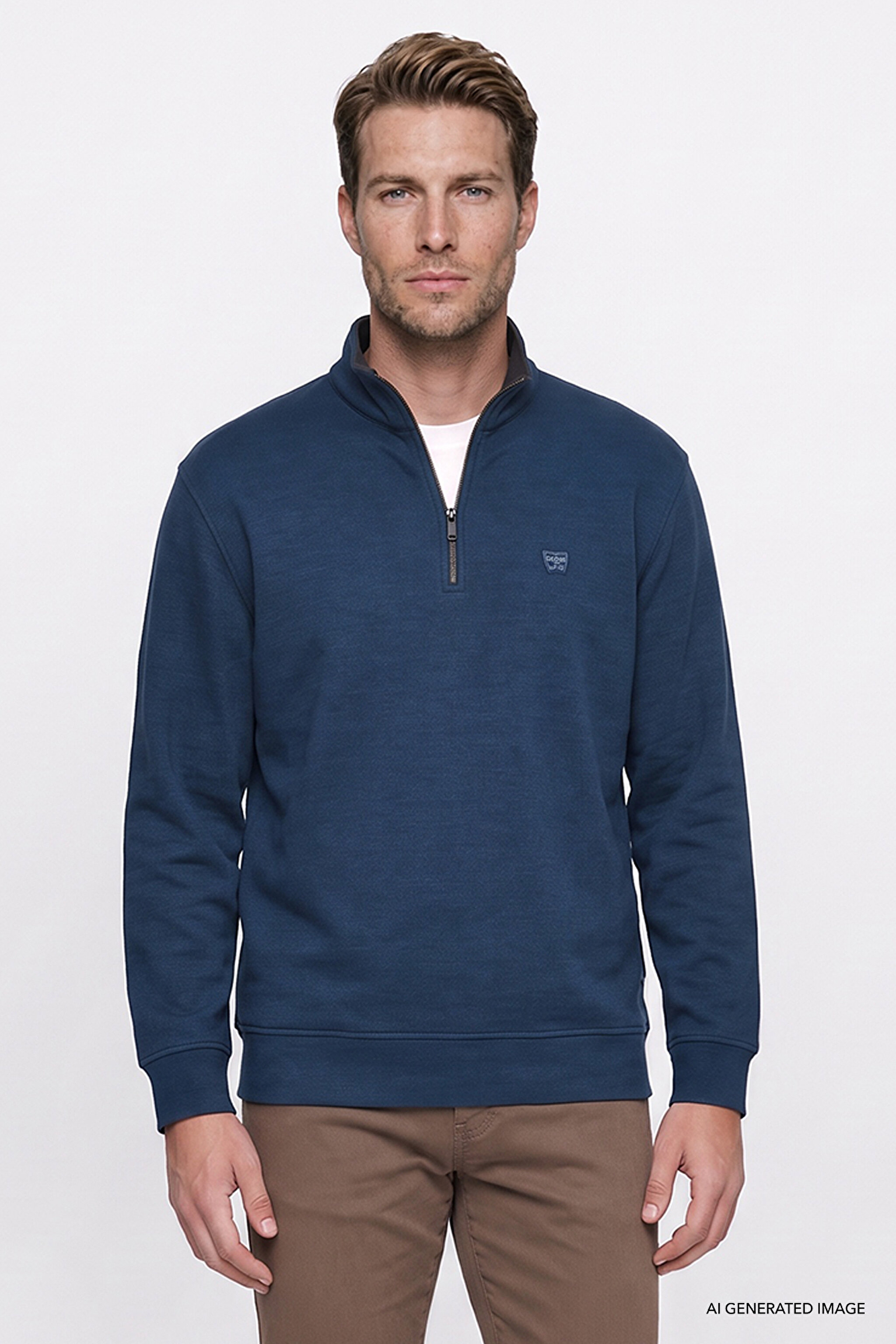 Pamuklu Selanik Regular Fit Normal Kesim Fermuarlı Dik Yaka Sweatshirt - Petrol-W2620081406 (görsel 3)