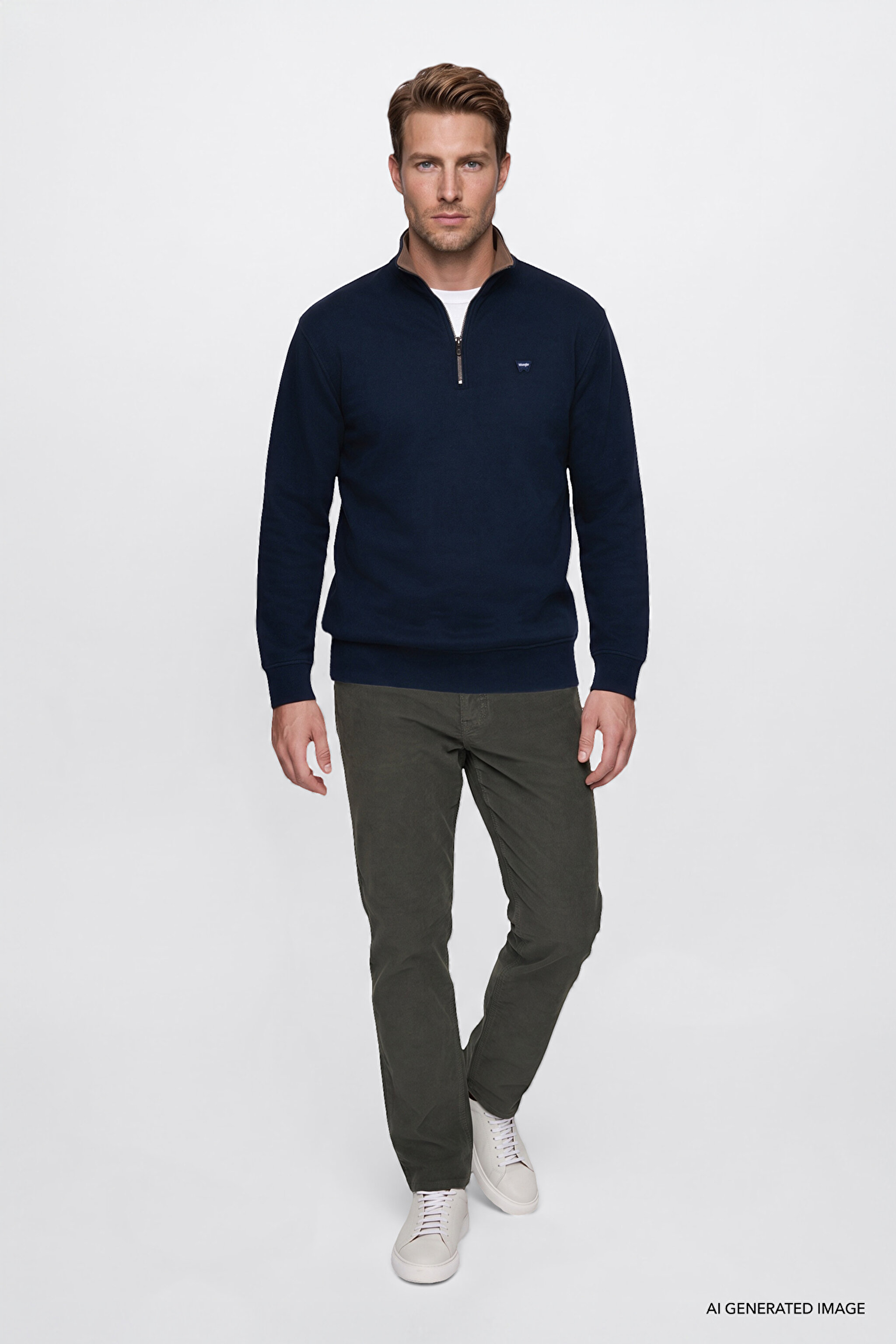 Pamuklu Selanik Regular Fit Normal Kesim Fermuarlı Dik Yaka Sweatshirt - Navy-W2620081410 (görsel 2)
