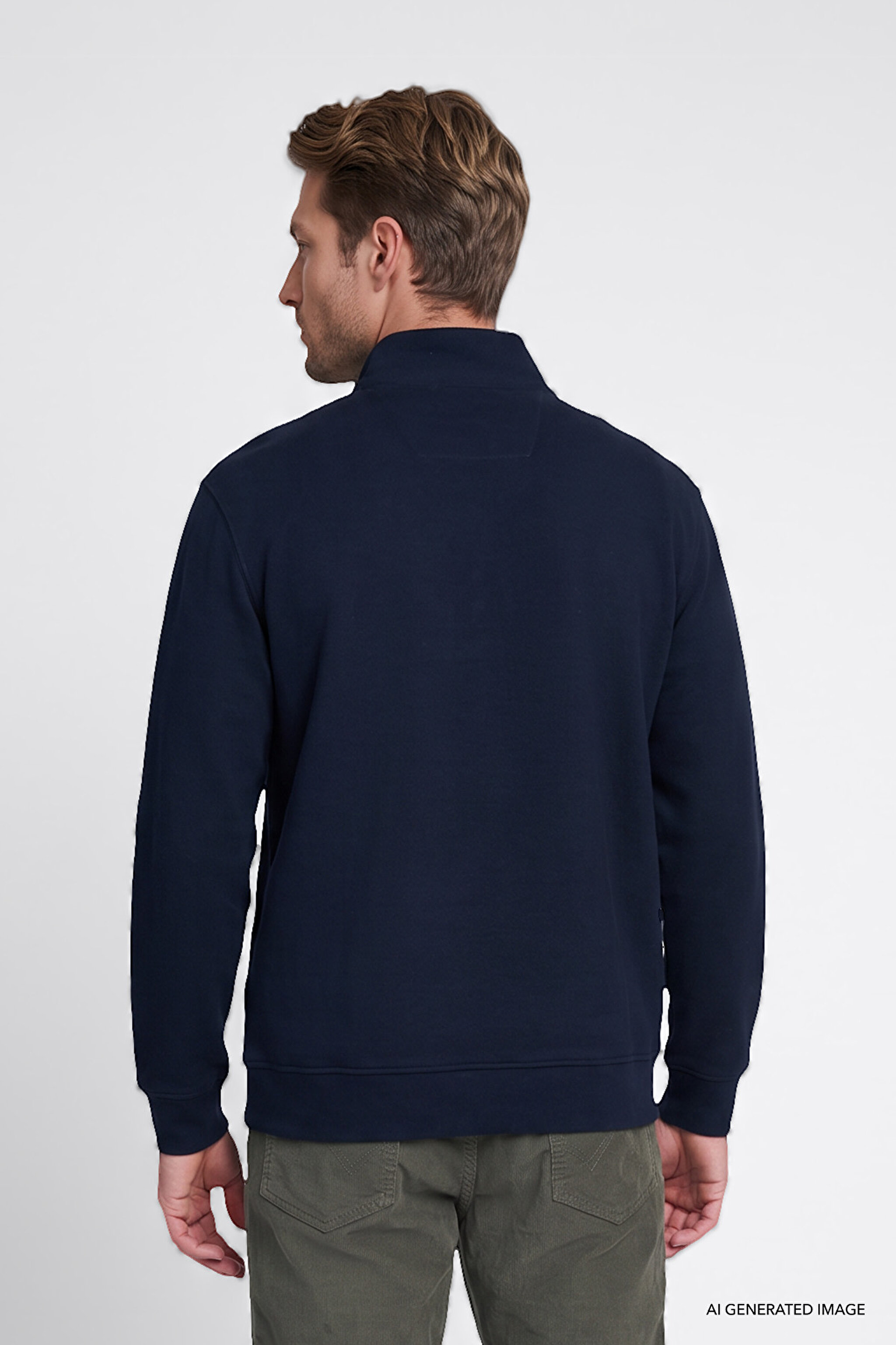 Pamuklu Selanik Regular Fit Normal Kesim Fermuarlı Dik Yaka Sweatshirt - Navy-W2620081410 (görsel 5)