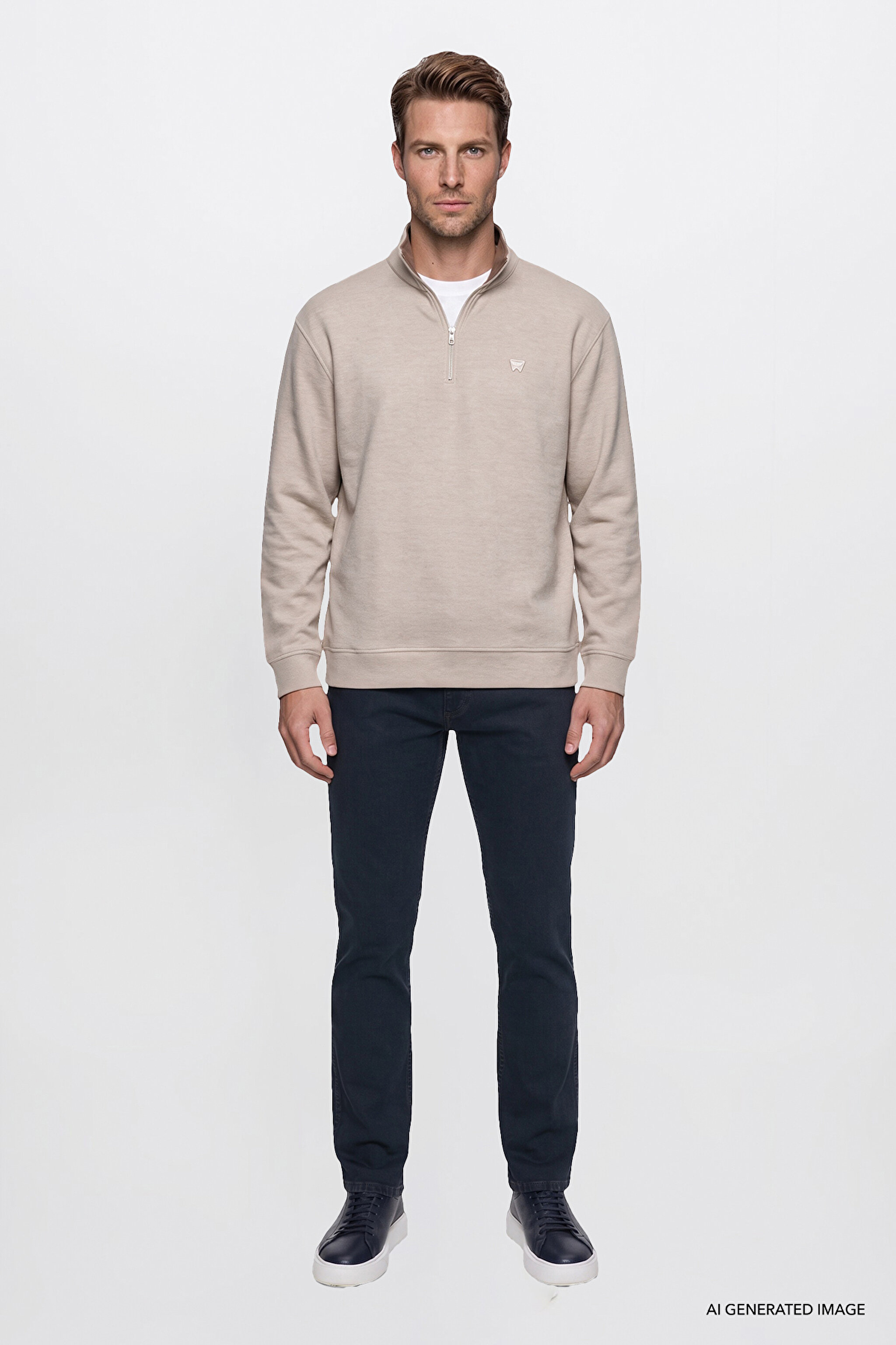 Pamuklu Selanik Regular Fit Normal Kesim Fermuarlı Dik Yaka Sweatshirt - Beige Melange-W2620081500 (görsel 2)