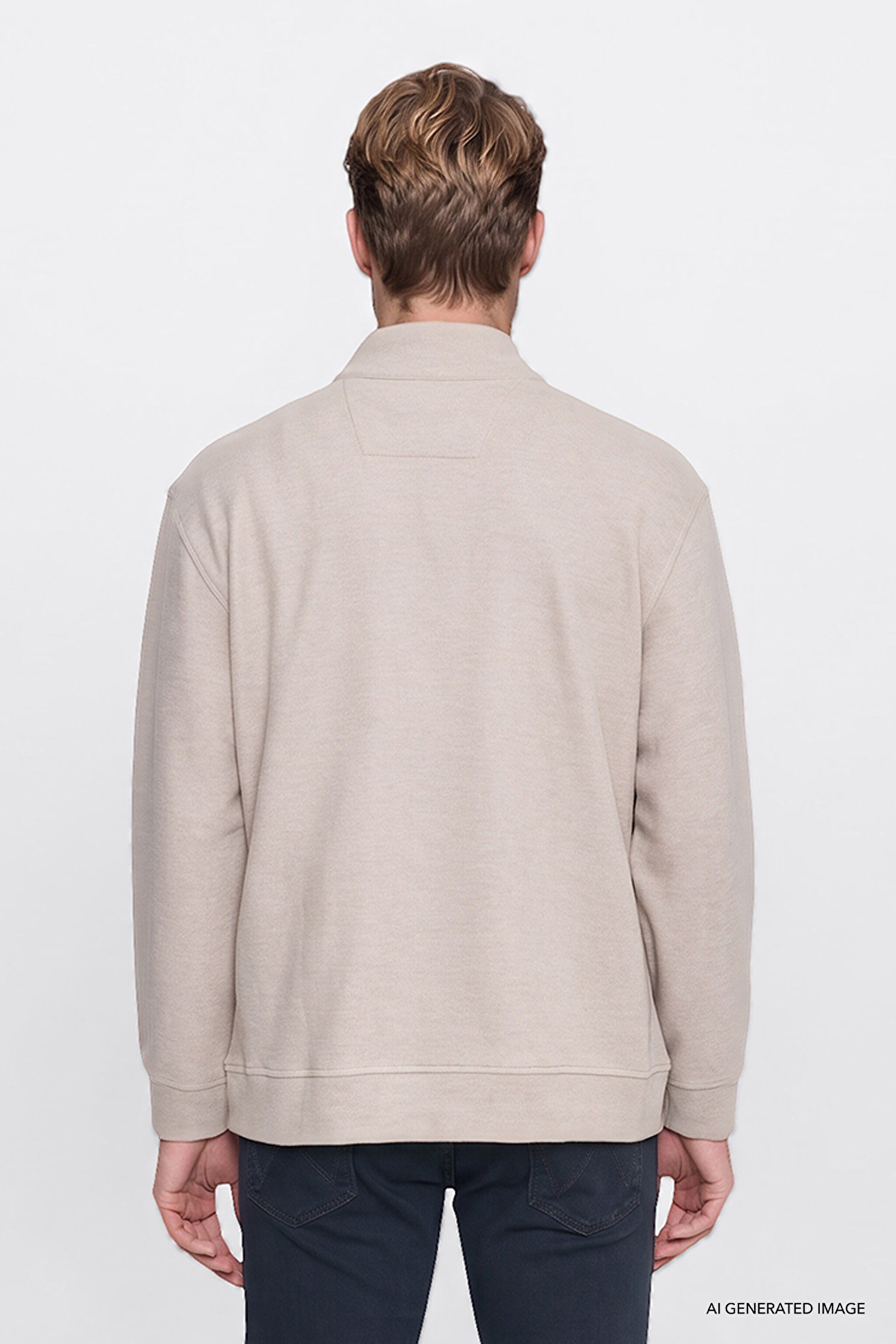 Pamuklu Selanik Regular Fit Normal Kesim Fermuarlı Dik Yaka Sweatshirt - Beige Melange-W2620081500 (görsel 4)