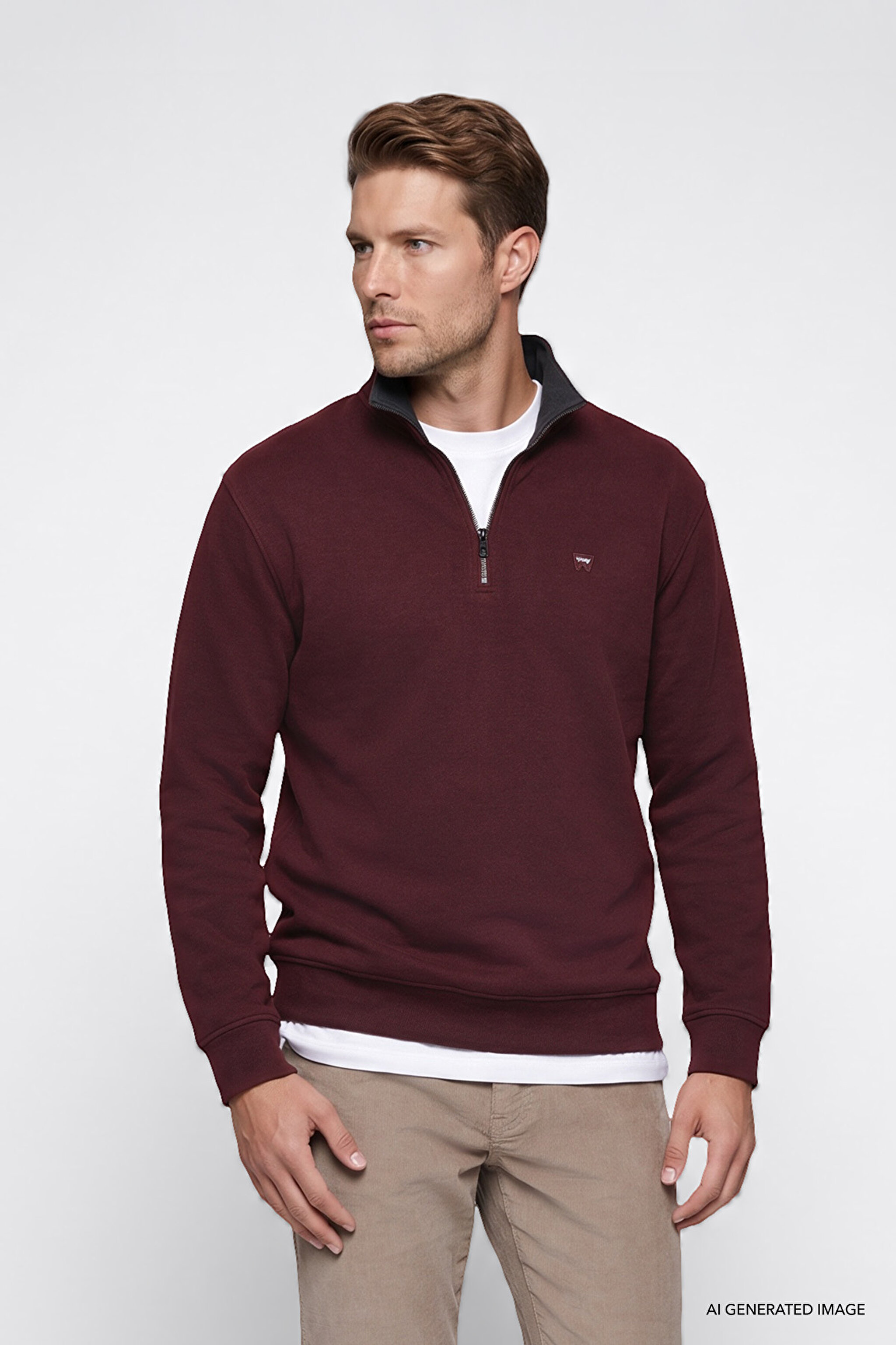 Pamuklu Selanik Regular Fit Normal Kesim Fermuarlı Dik Yaka Sweatshirt - Bordoeux-W2620081800 (görsel 3)