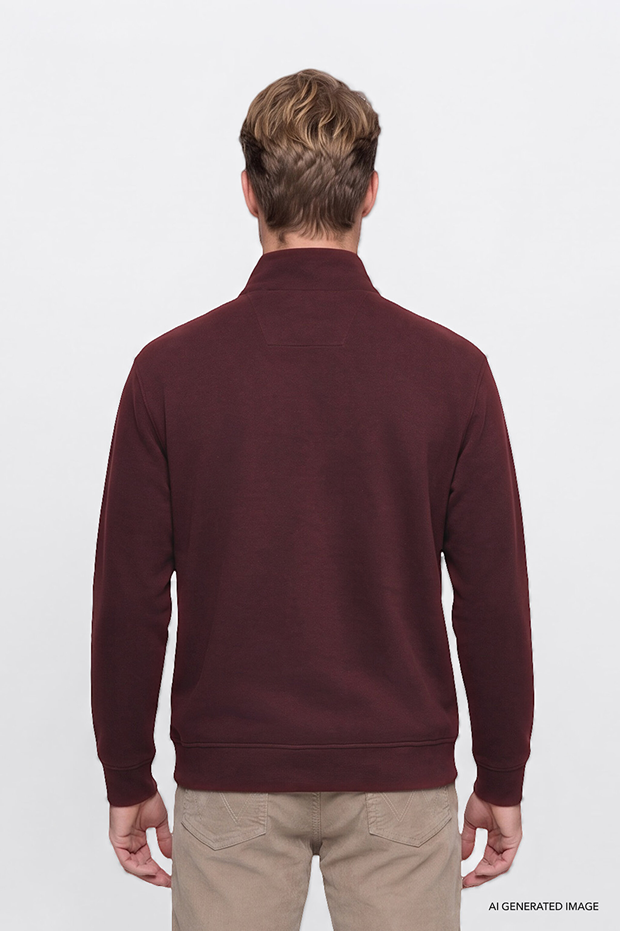 Pamuklu Selanik Regular Fit Normal Kesim Fermuarlı Dik Yaka Sweatshirt - Bordoeux-W2620081800 (görsel 4)