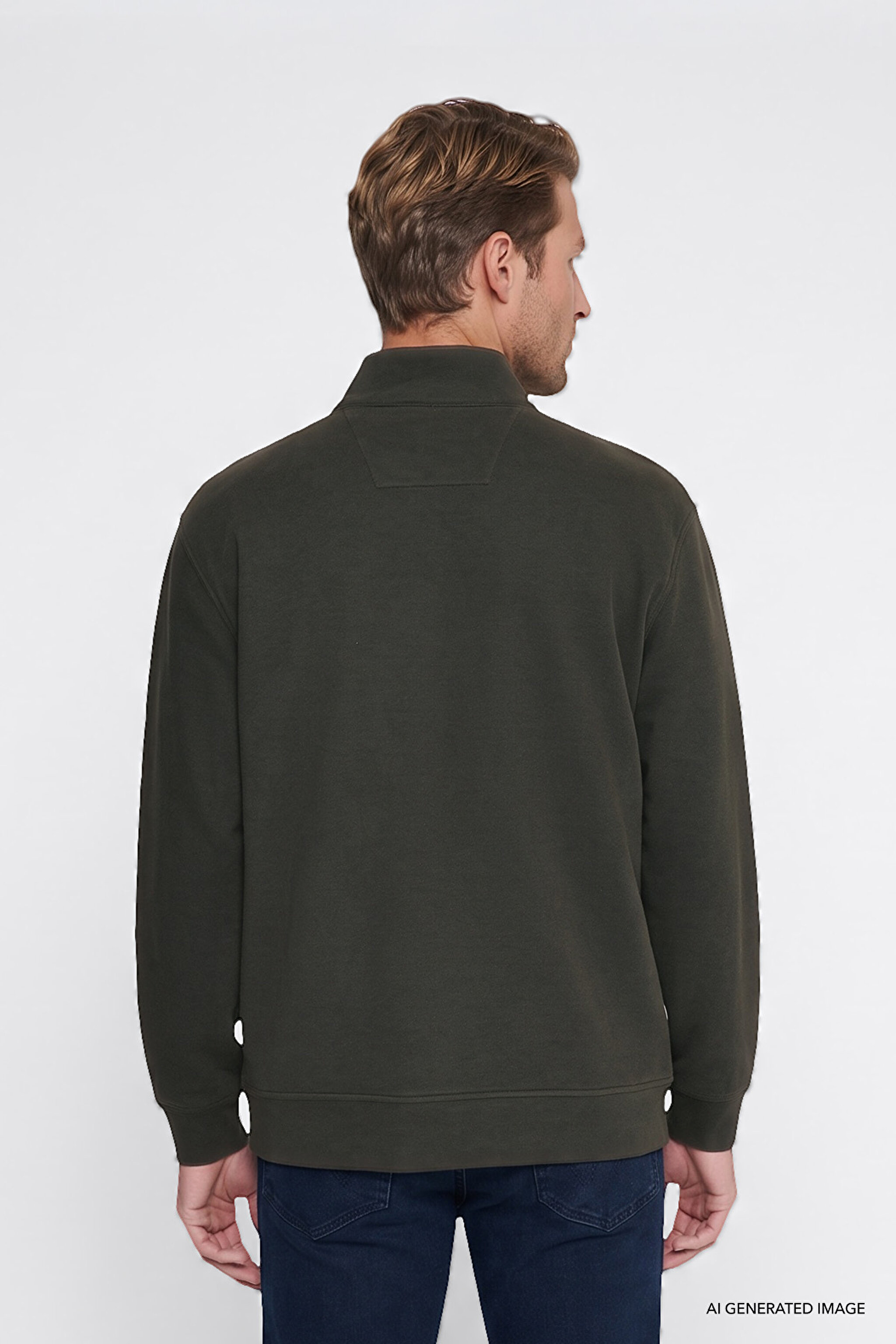 Pamuklu Selanik Regular Fit Normal Kesim Fermuarlı Dik Yaka Sweatshirt - KHAKI-W2620081801 (görsel 5)