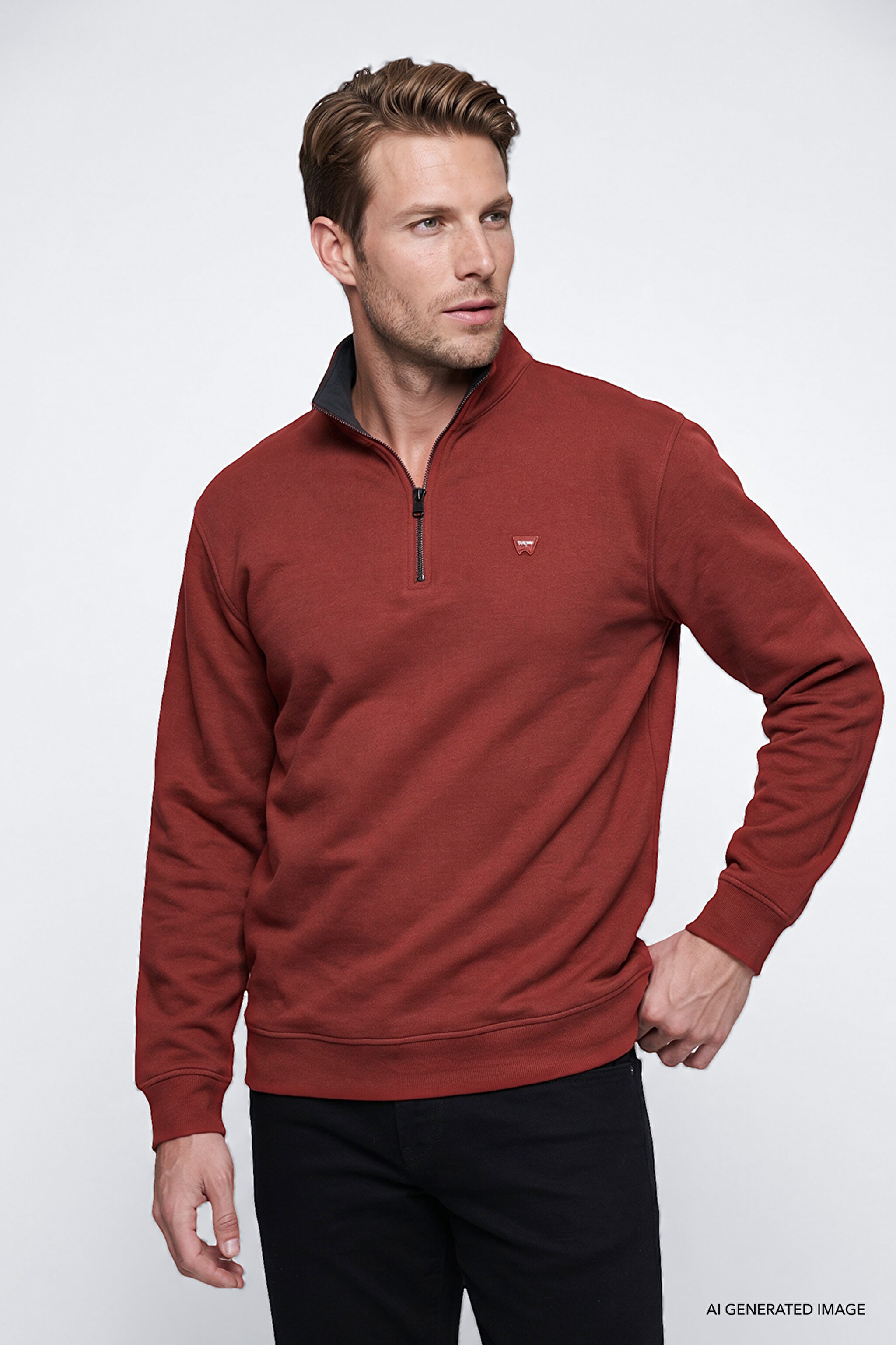 Pamuklu Selanik Regular Fit Normal Kesim Fermuarlı Dik Yaka Sweatshirt - Wine-W2620081810