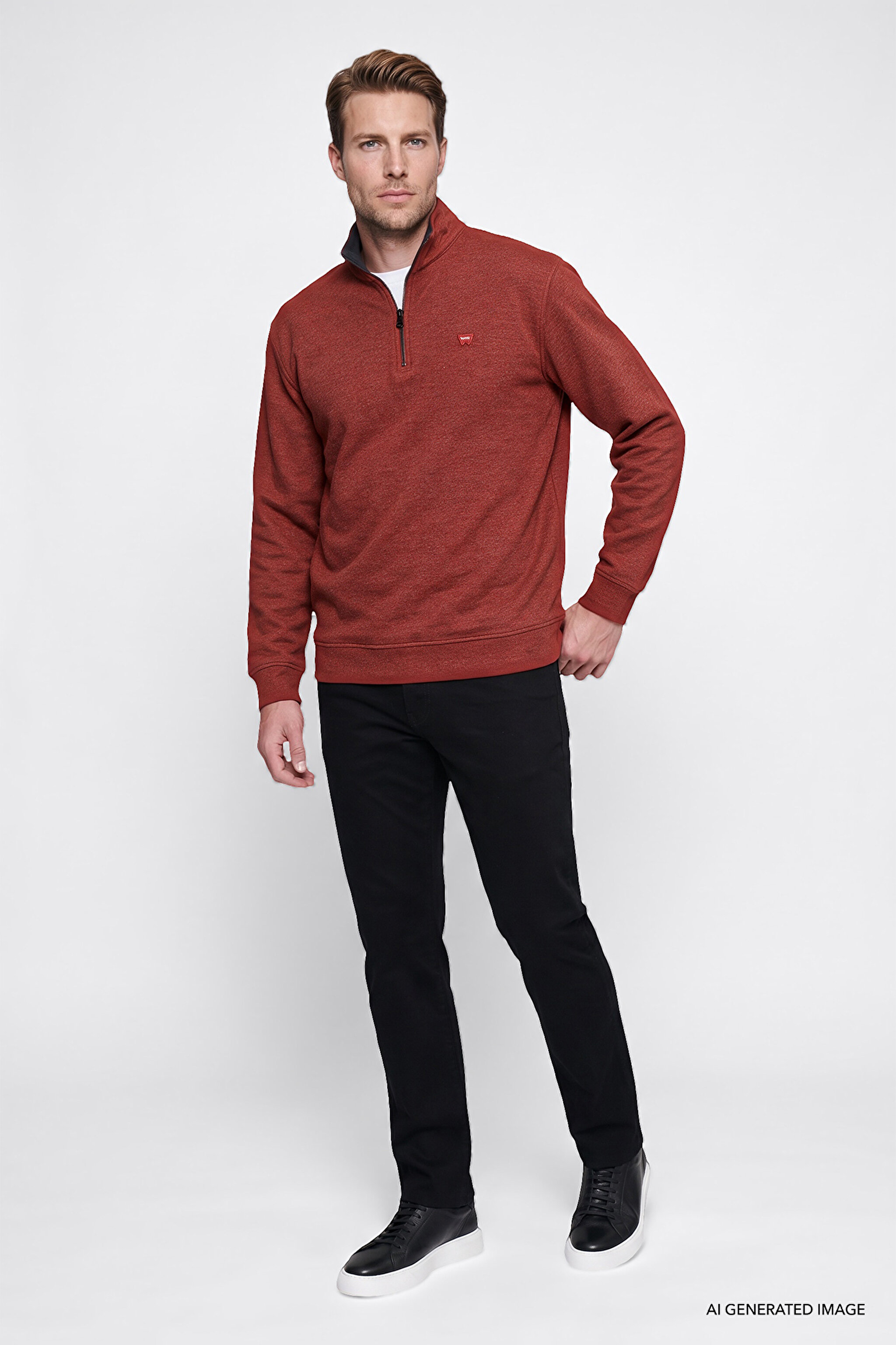 Pamuklu Selanik Regular Fit Normal Kesim Fermuarlı Dik Yaka Sweatshirt - Wine-W2620081810 (görsel 2)