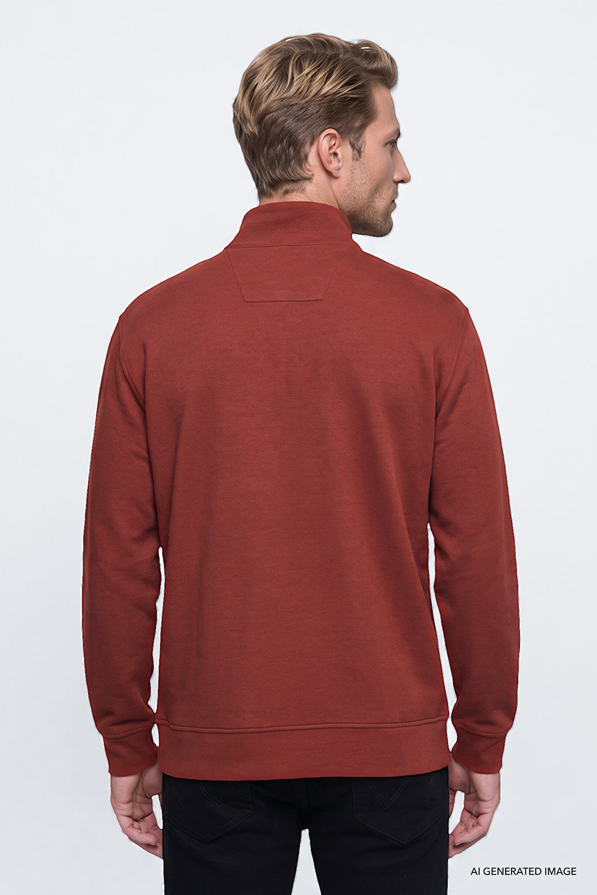 Pamuklu Selanik Regular Fit Normal Kesim Fermuarlı Dik Yaka Sweatshirt - Wine-W2620081810 (görsel 4)