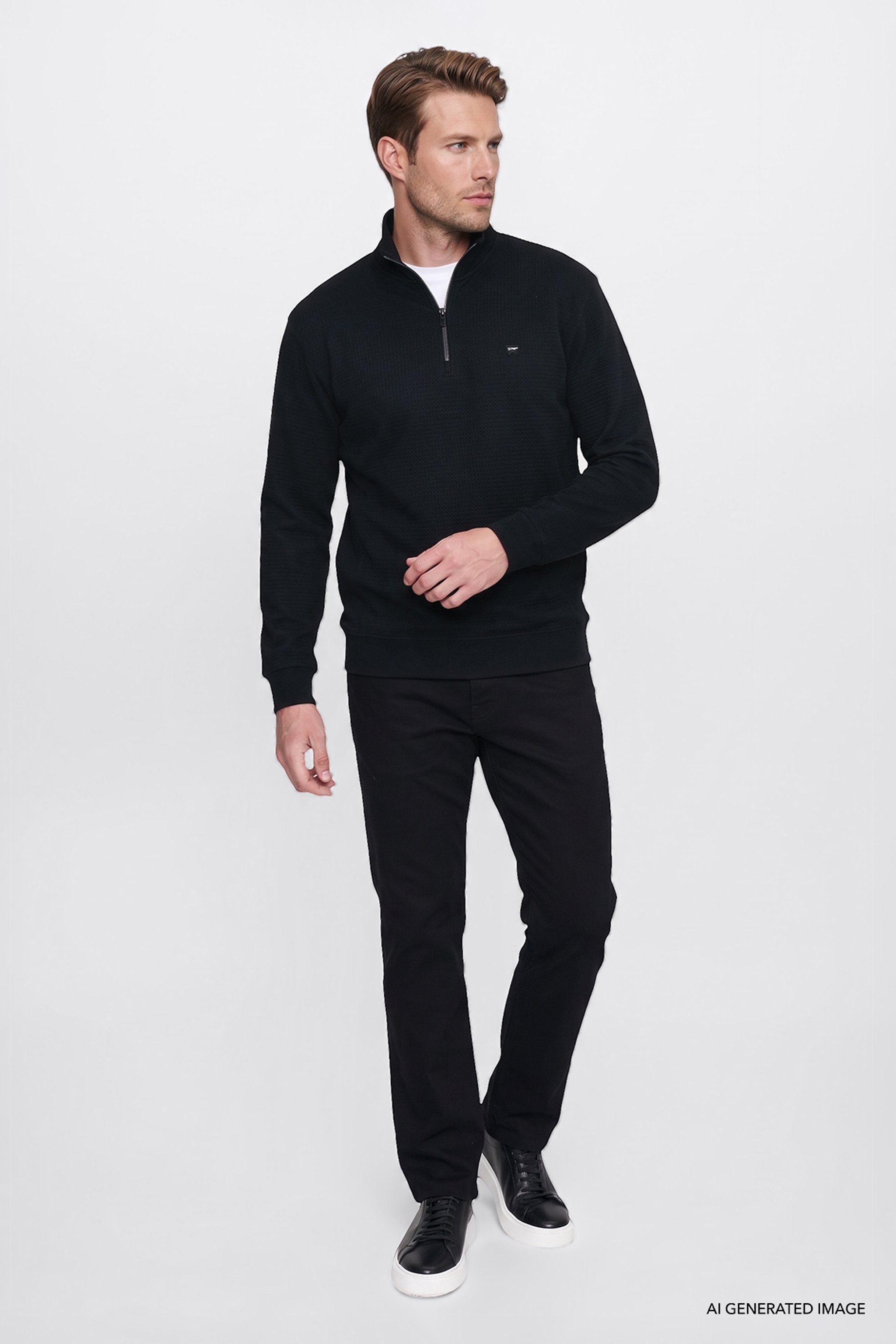 Yumuşak Dokulu Regular Fit Normal Kesim Fermuarlı Dik Yaka Sweatshirt - Black-W2620122001 (görsel 2)