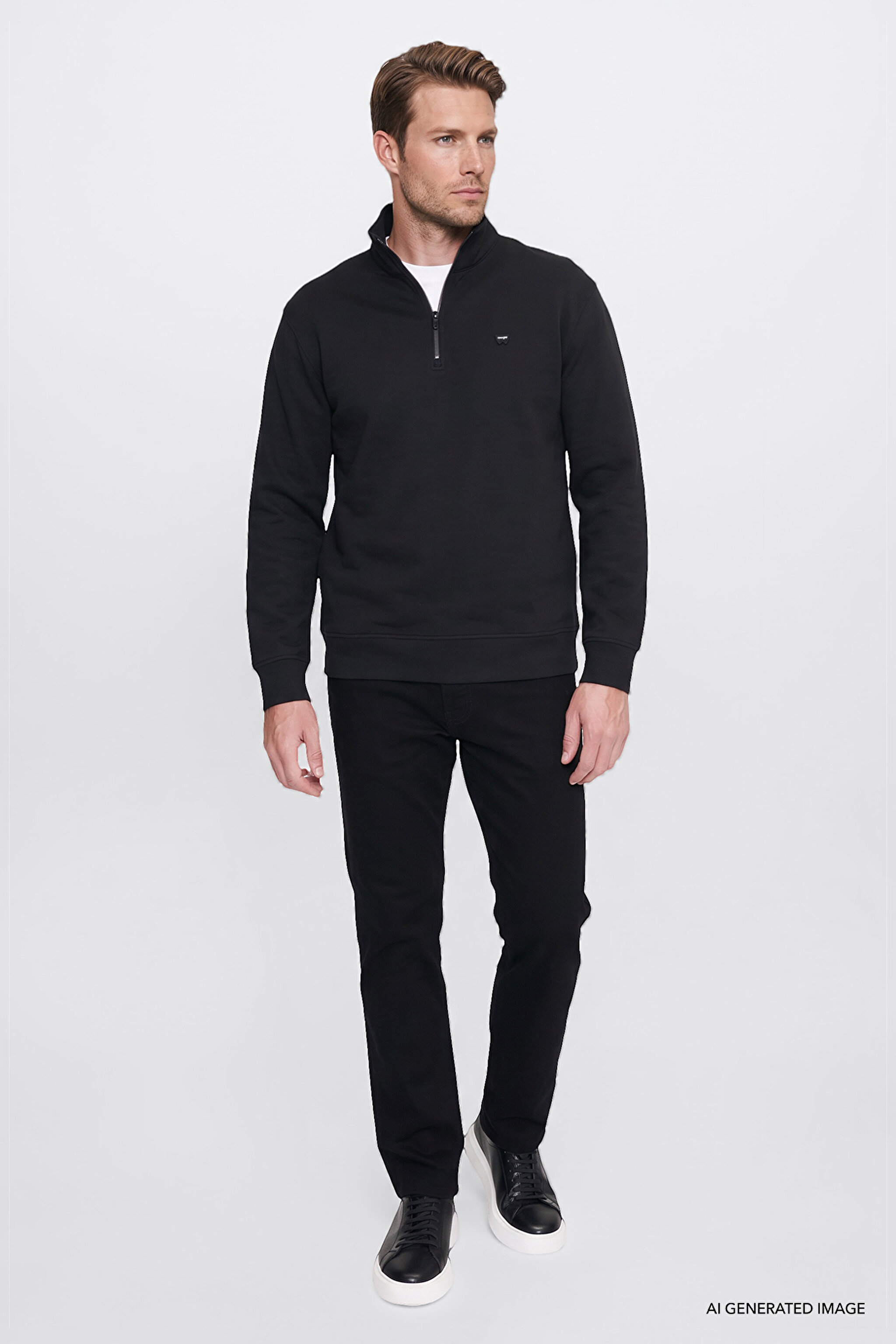 Pamuklu Regular Fit Normal Kesim Fermuarlı Dik Yaka Logo Detaylı Sweatshirt - Black-W2620157001 (görsel 2)