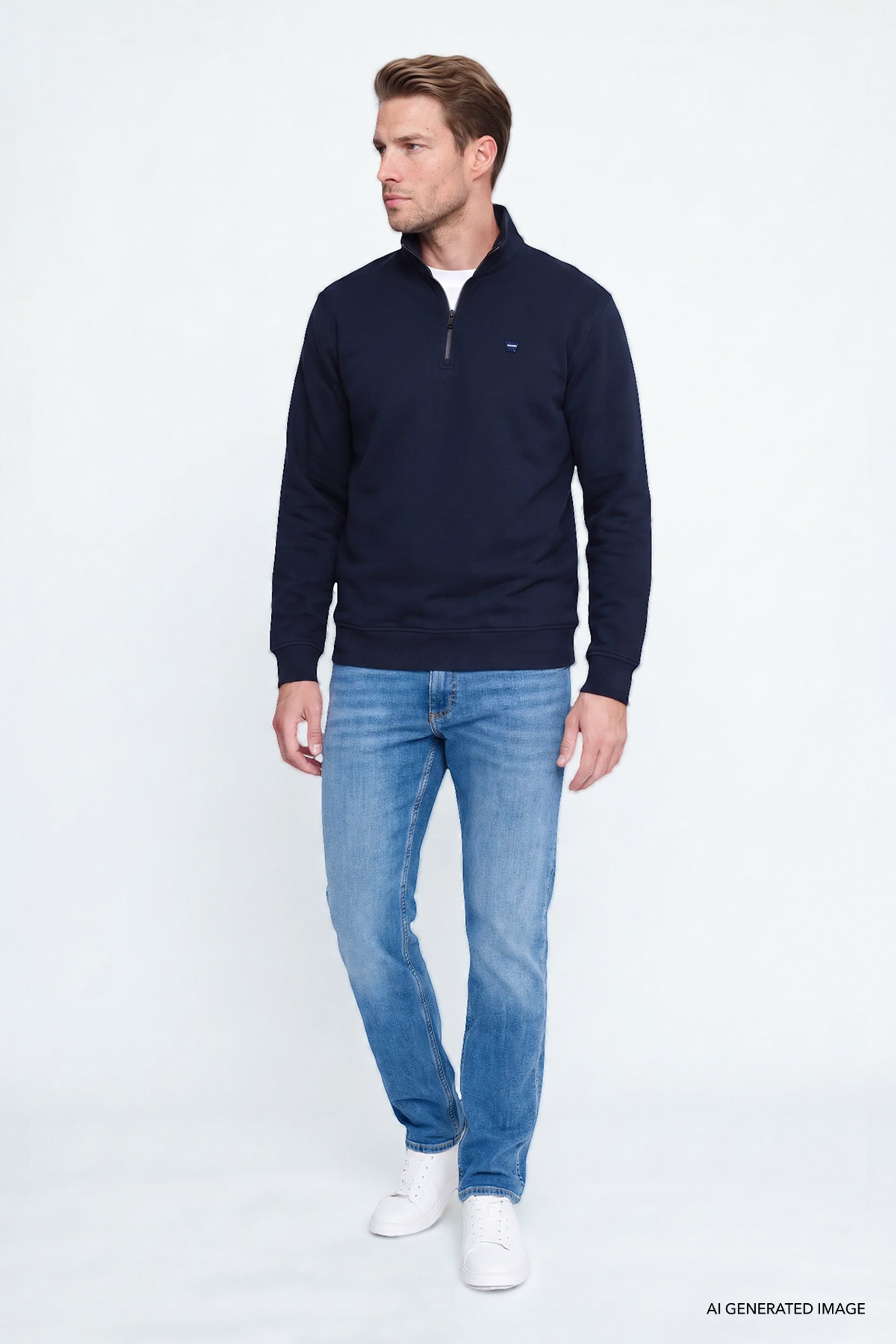 Pamuklu Regular Fit Normal Kesim Fermuarlı Dik Yaka Logo Detaylı Sweatshirt - Navy-W2620157410 (görsel 2)