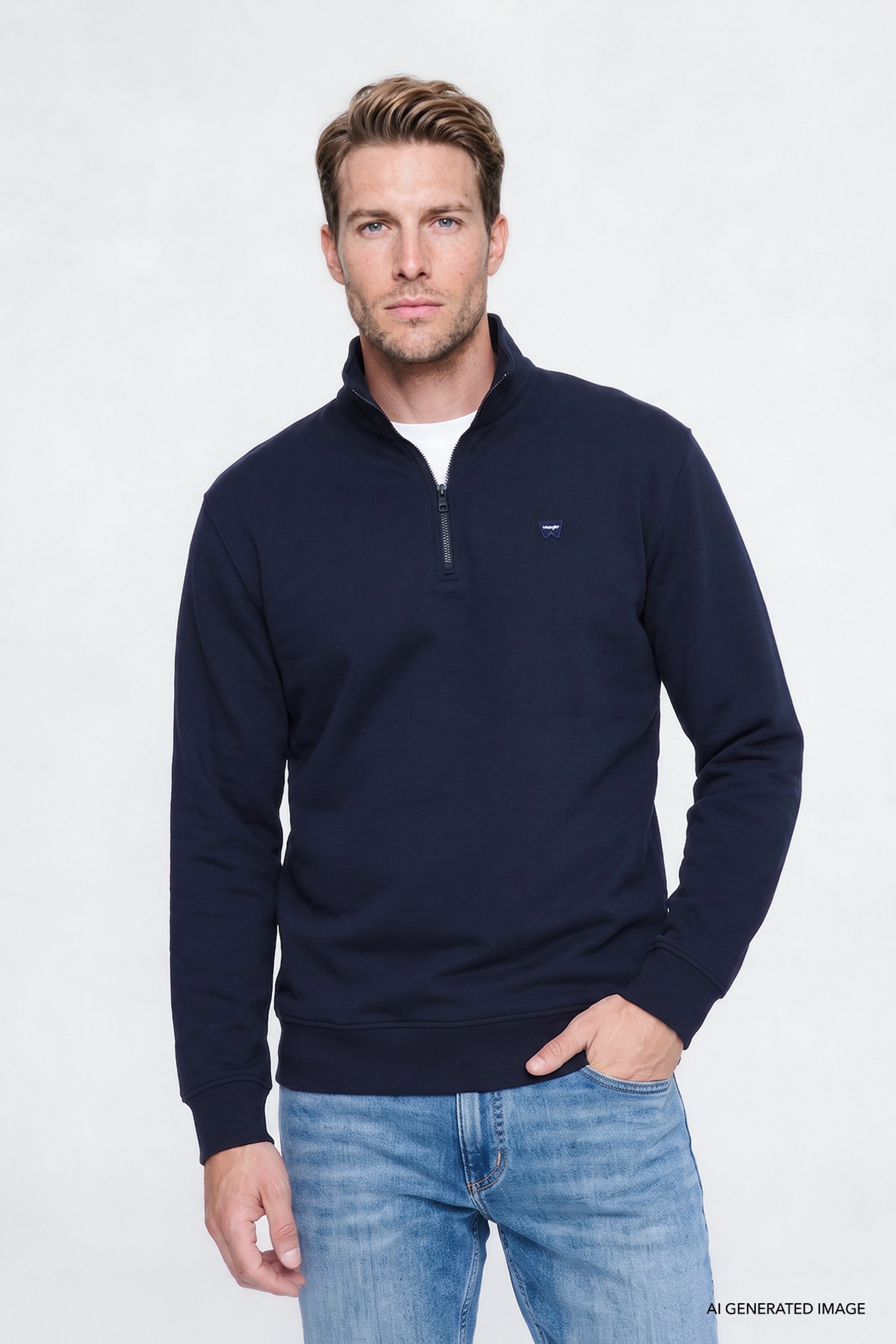 Pamuklu Regular Fit Normal Kesim Fermuarlı Dik Yaka Logo Detaylı Sweatshirt - Navy-W2620157410 (görsel 3)