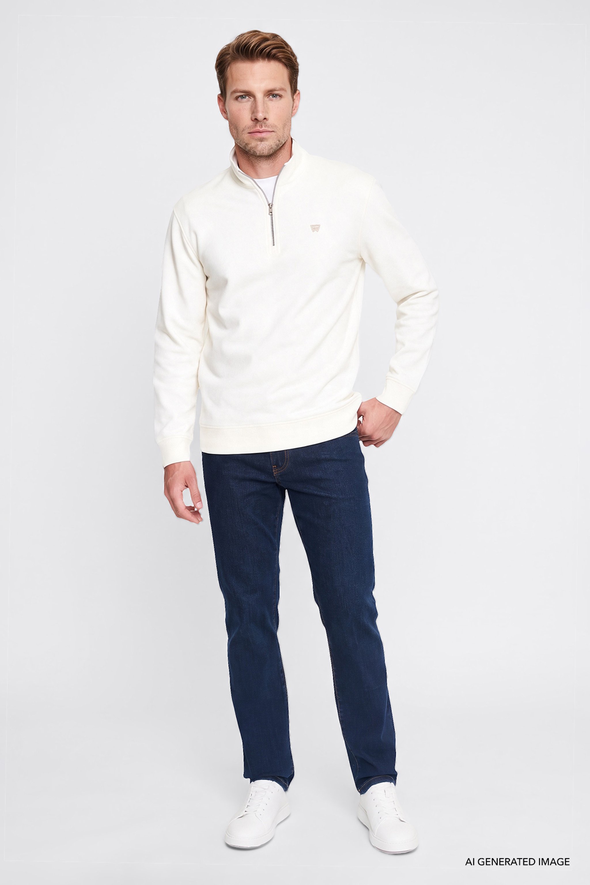 Pamuklu Regular Fit Normal Kesim Fermuarlı Dik Yaka Logo Detaylı Sweatshirt - Worn White-W2620157W02 (görsel 2)