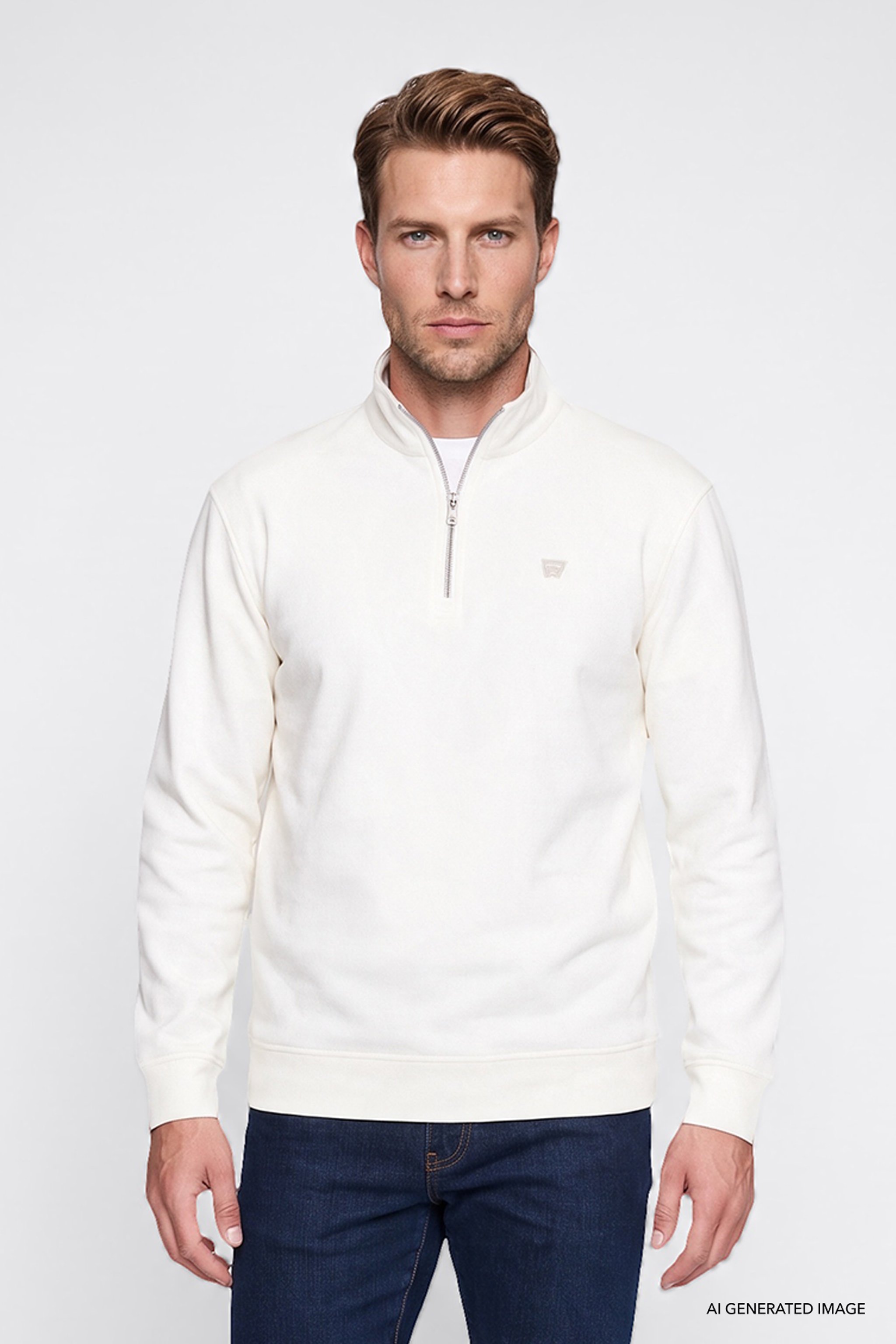Pamuklu Regular Fit Normal Kesim Fermuarlı Dik Yaka Logo Detaylı Sweatshirt - Worn White-W2620157W02 (görsel 3)
