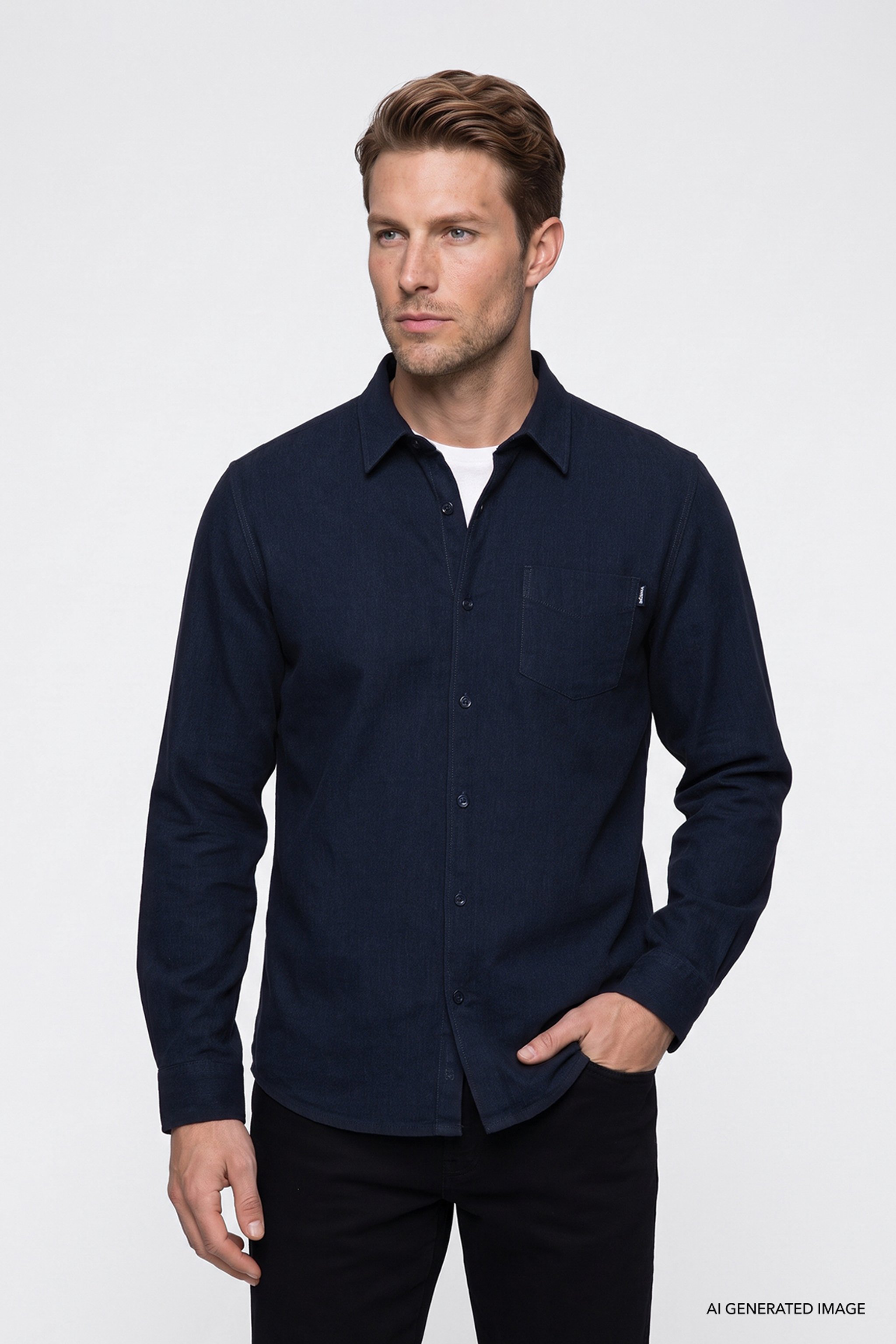 %100 Pamuk Regular Fit Normal Kesim Lacivert Gömlek - Navy-W2620202410