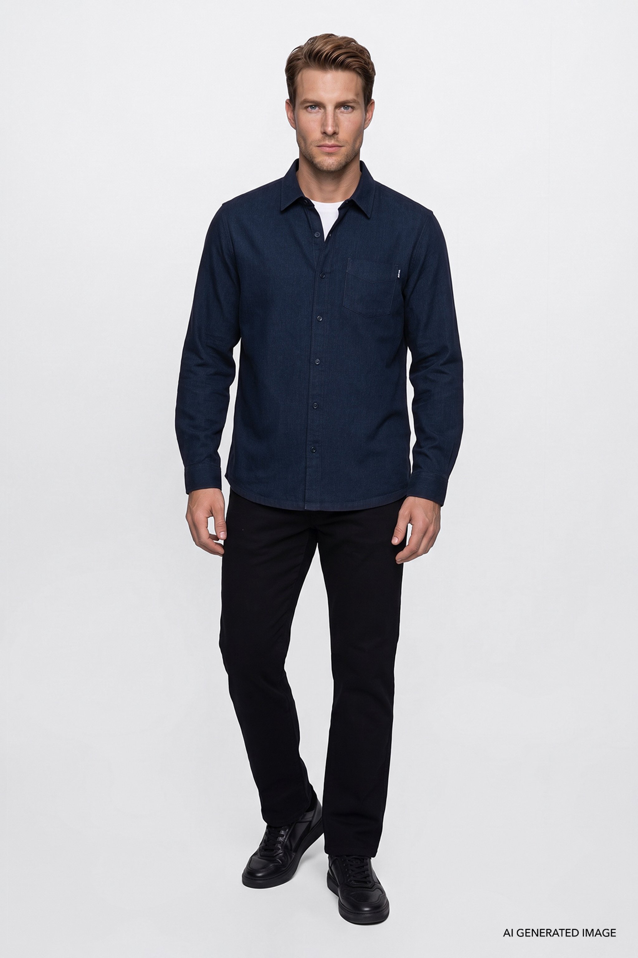 %100 Pamuk Regular Fit Normal Kesim Lacivert Gömlek - Navy-W2620202410 (görsel 2)