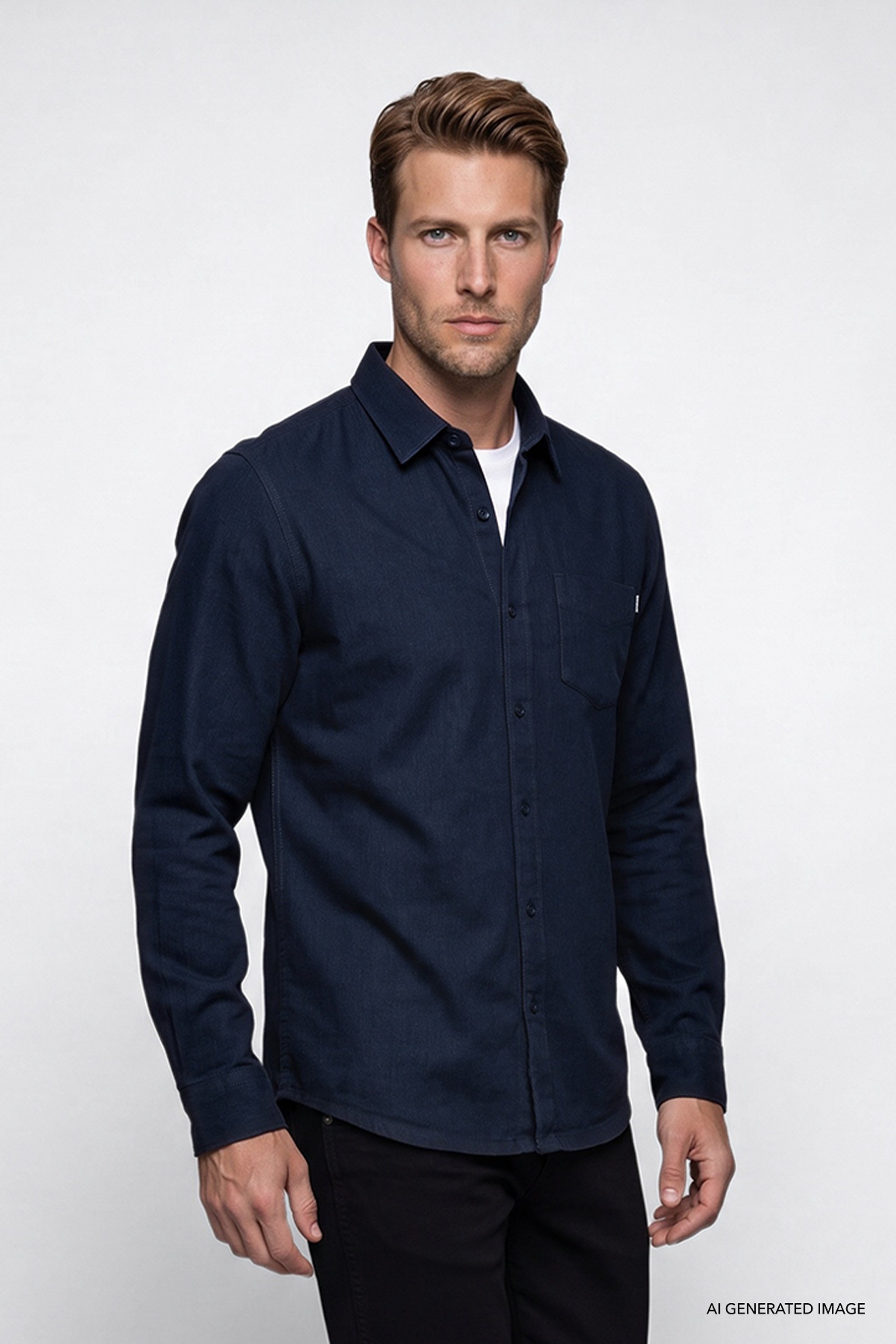 %100 Pamuk Regular Fit Normal Kesim Lacivert Gömlek - Navy-W2620202410 (görsel 3)