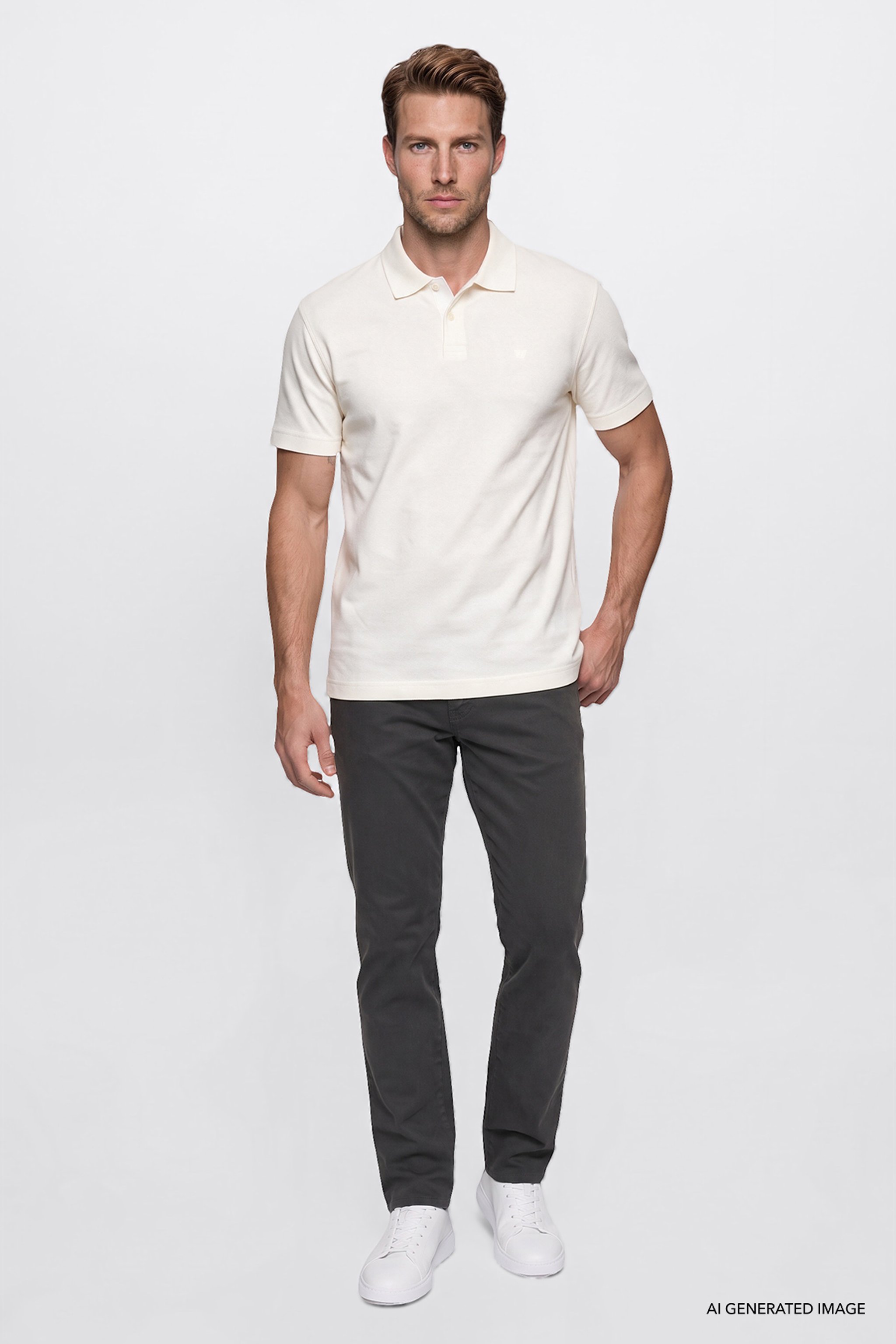 %100 Pamuk Regular Fit Normal Kesim Polo Yaka Tişört - Off White-W2710301102 (görsel 2)