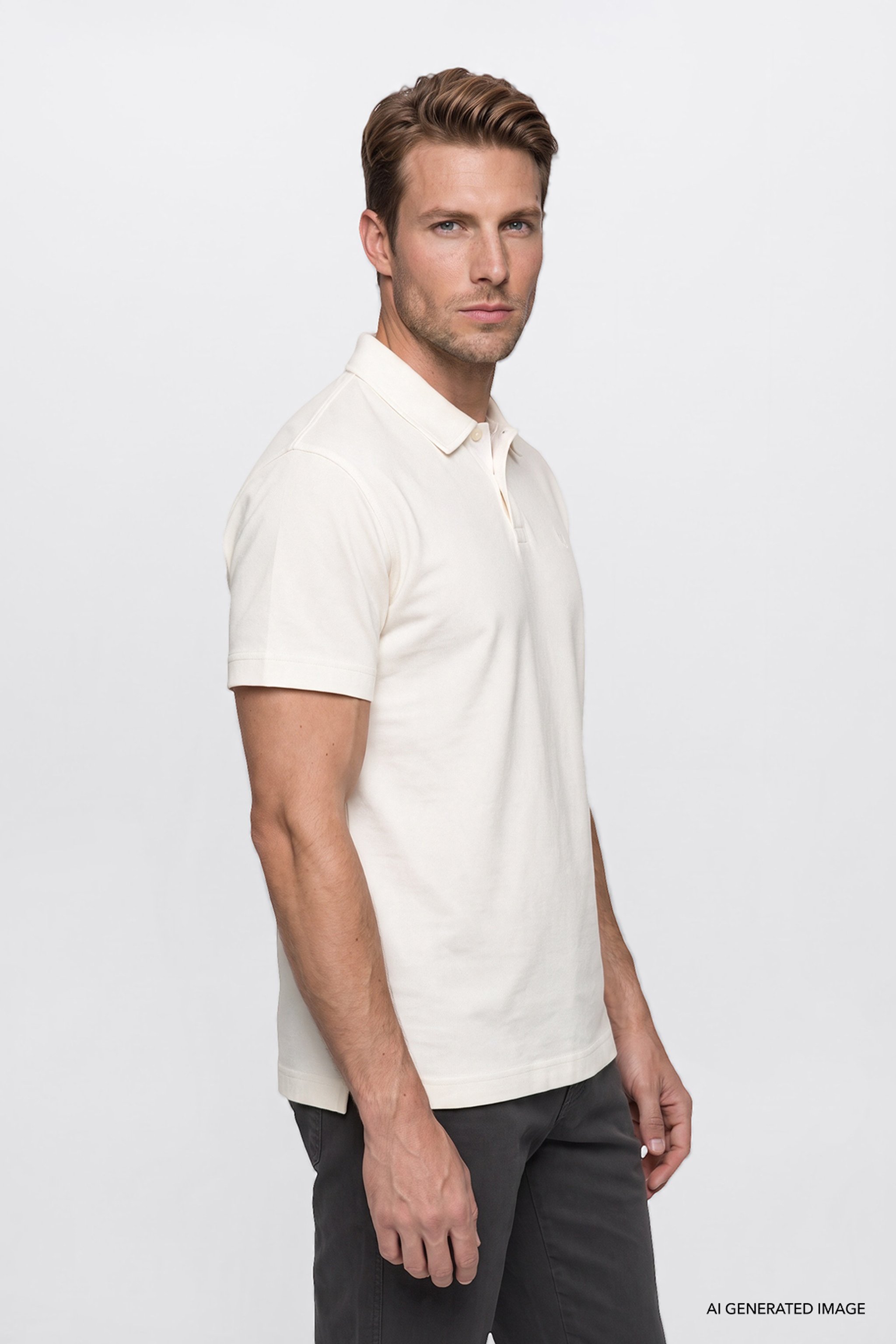 %100 Pamuk Regular Fit Normal Kesim Polo Yaka Tişört - Off White-W2710301102 (görsel 3)