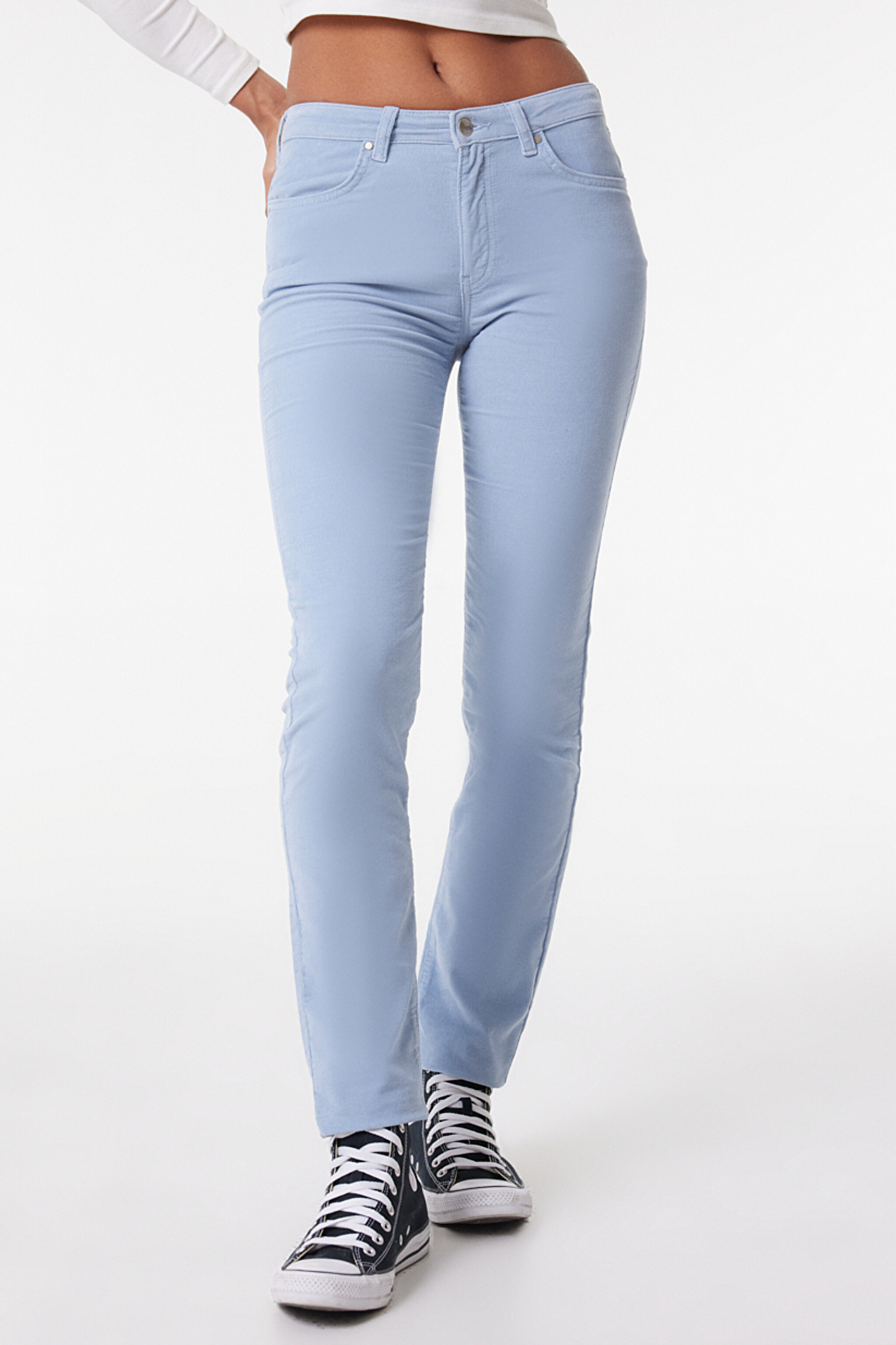 Slim Fit Dar Kesim Normal Bel Esnek Mavi Kadife Pantolon - Blue-W28L003400 (görsel 2)