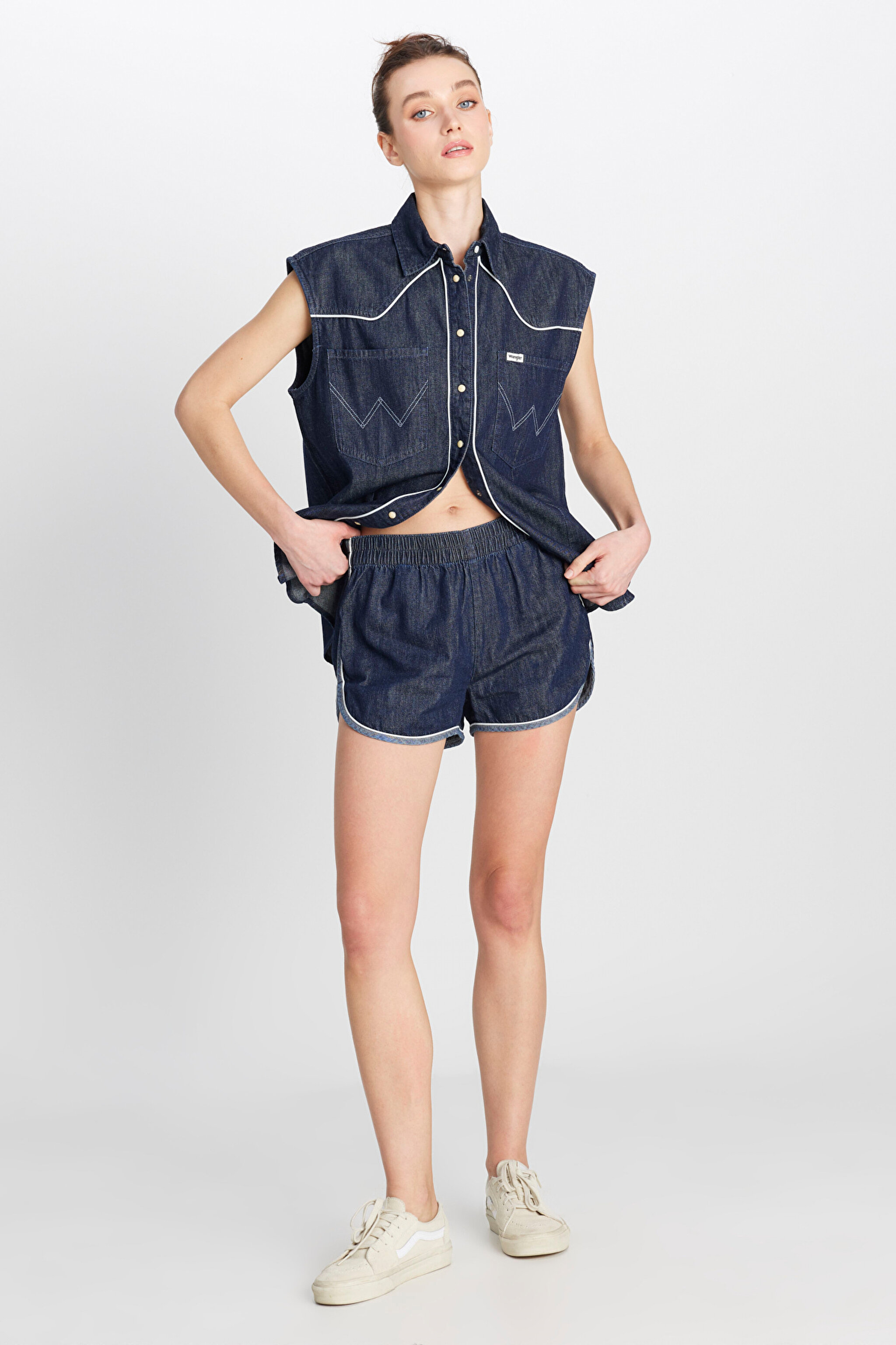 %100 Pamuk Relaxed Fit Geniş Kesim Normal Bel Koyu Mavi Denim Şort - Saddle-W2B96577383