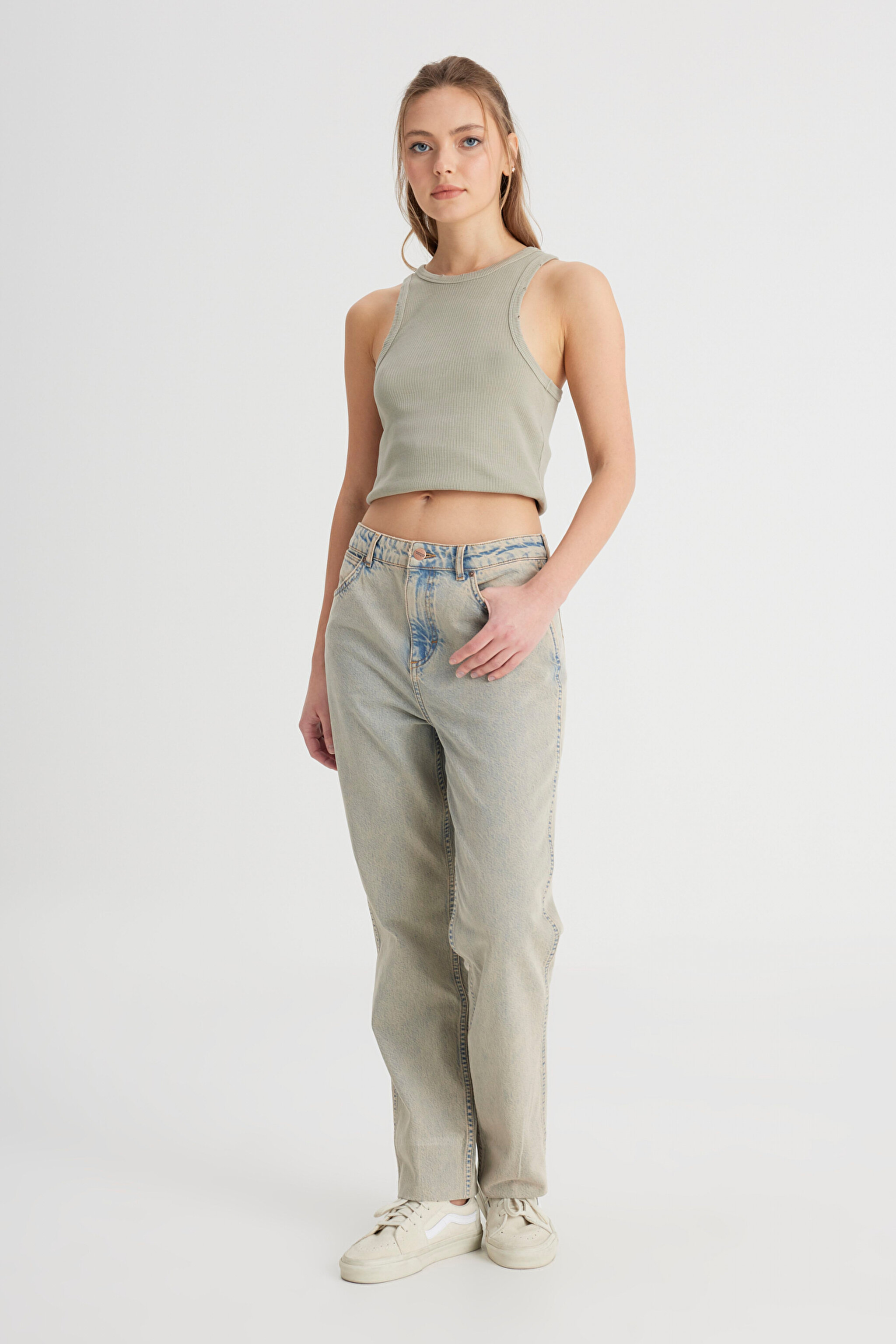 Regular Fit Normal Kesim Yüksek Bel Düz Paça %100 Pamuk Wild West Taş Rengi Jean Kot Pantolon