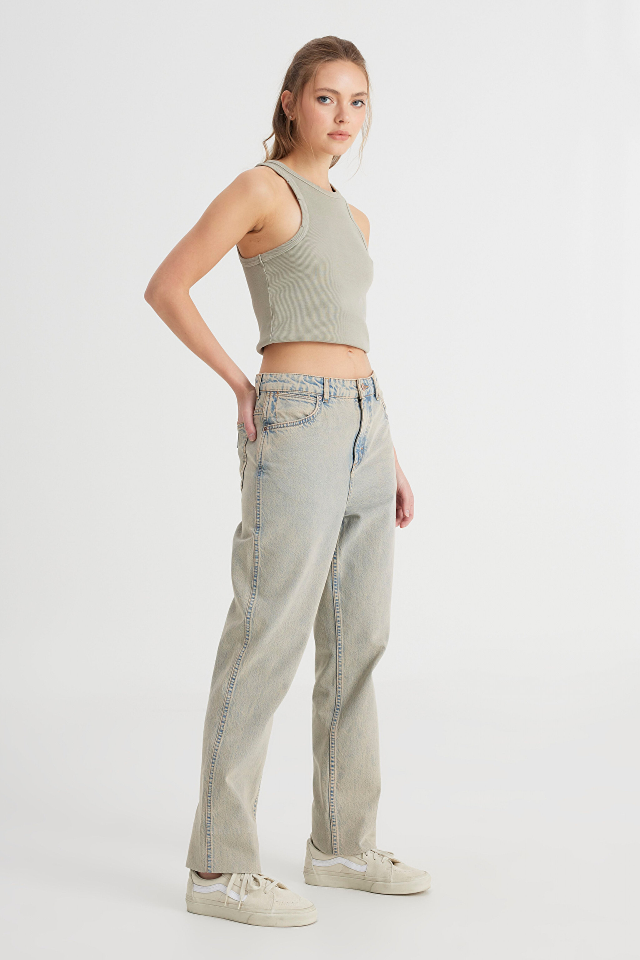 Regular Fit Normal Kesim Yüksek Bel Düz Paça %100 Pamuk Wild West Taş Rengi Jean Kot Pantolon - Stone-W2H200958 (görsel 2)