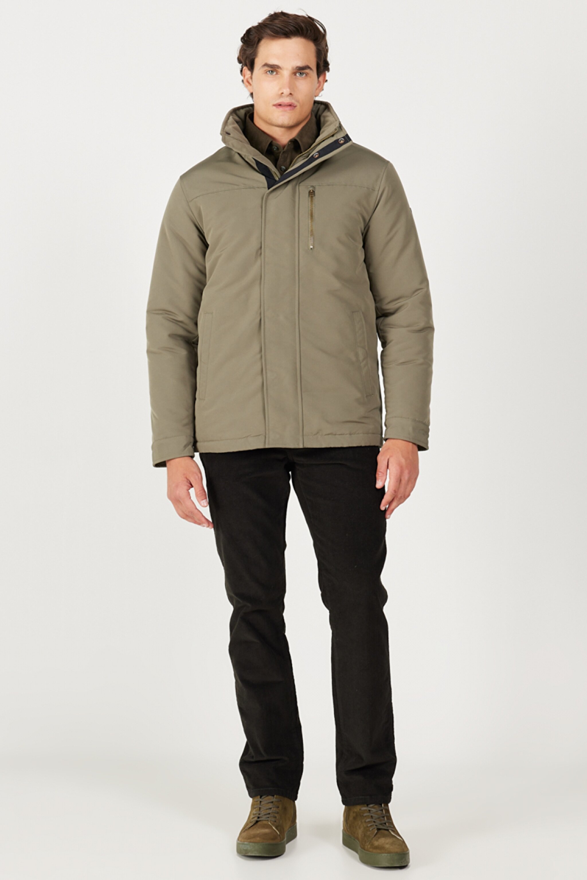 Regular Fit Normal Kesim Kapüşonlu Yeşil Parka - Dusty Olive-W40BWWX45 (görsel 7)