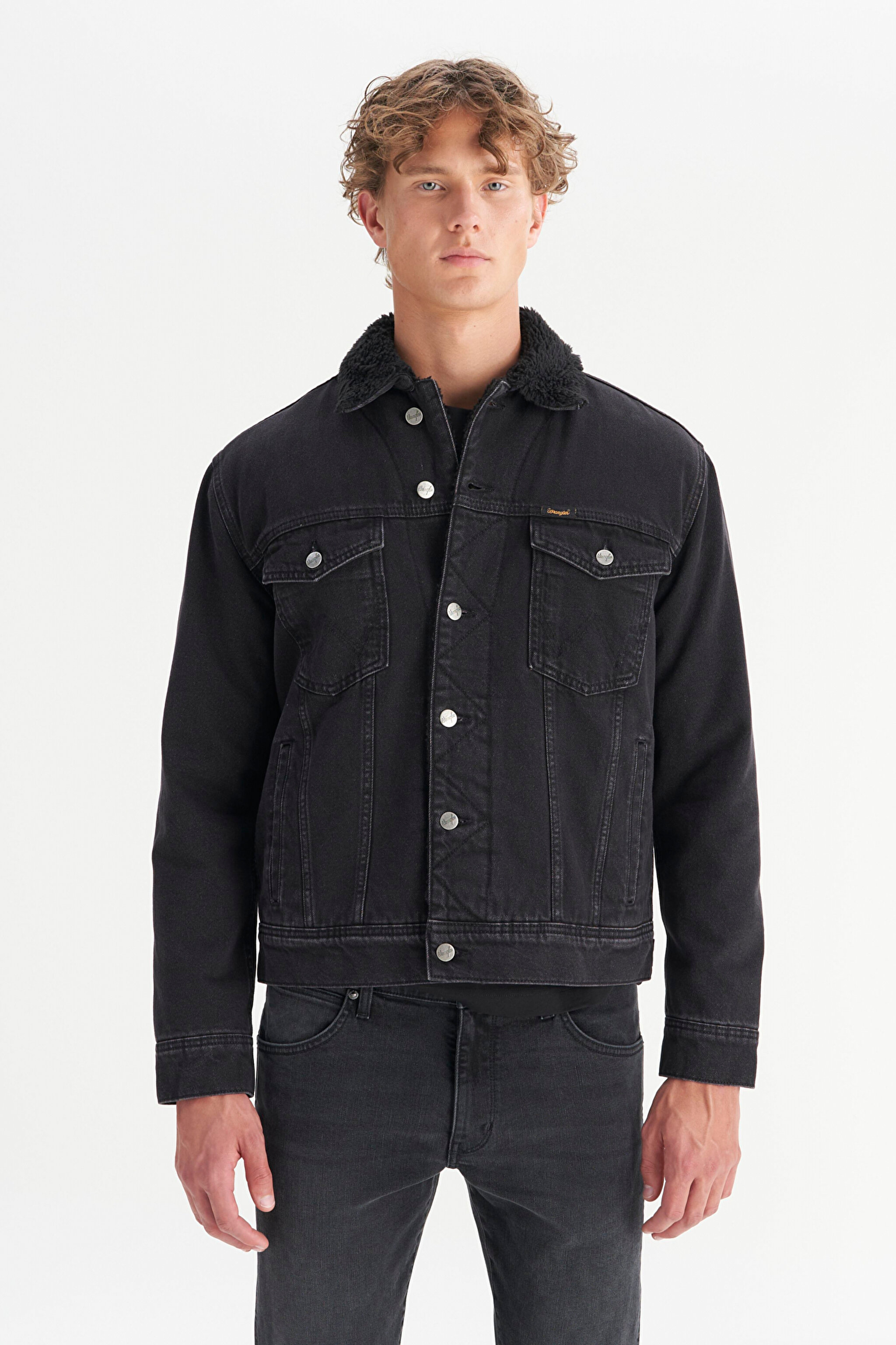 %100 Pamuk Regular Fit Normal Kesim Sherpa Detaylı Siyah Denim Ceket - Orion-W45D4365818