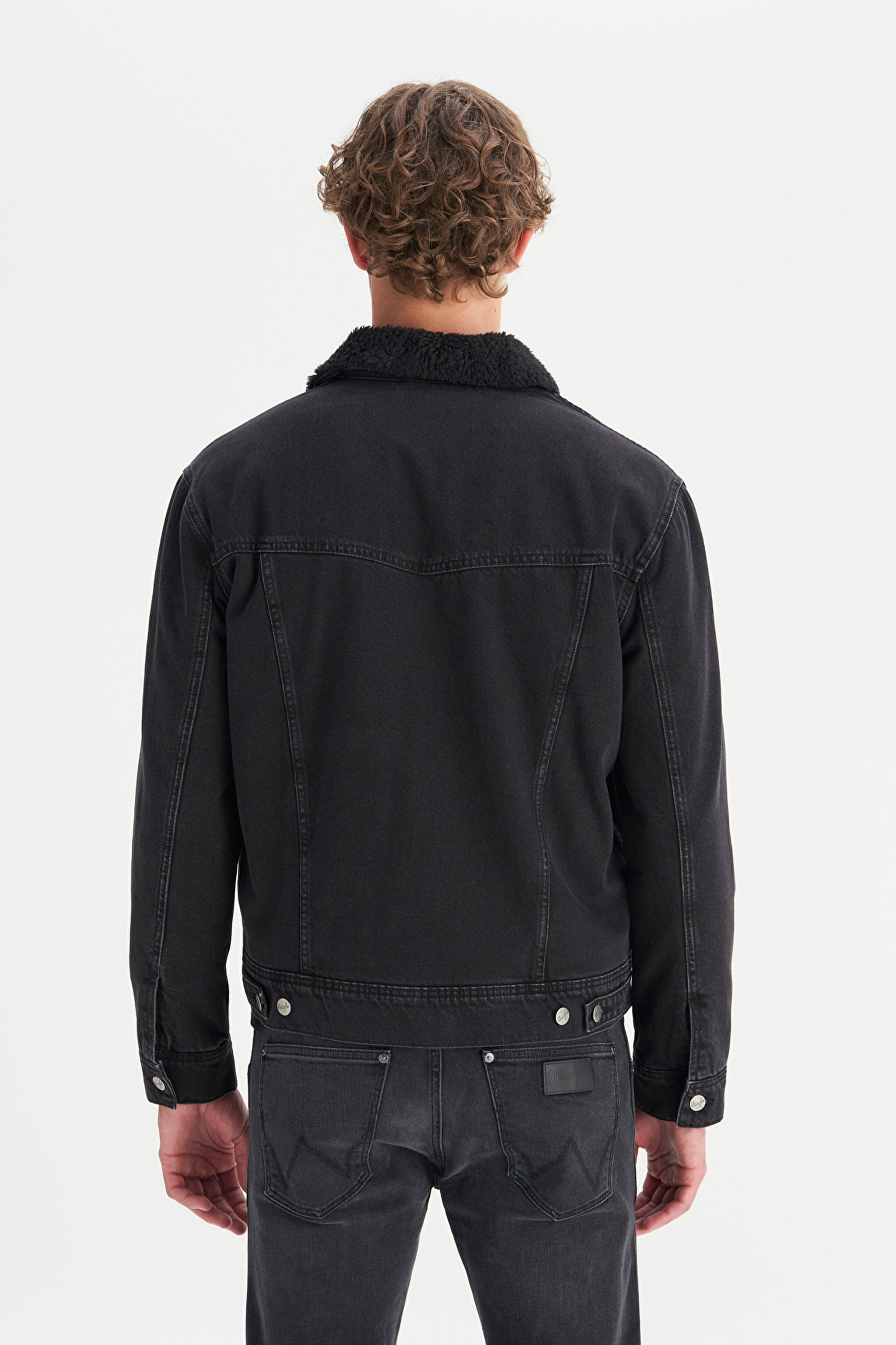 %100 Pamuk Regular Fit Normal Kesim Sherpa Detaylı Siyah Denim Ceket - Orion-W45D4365818 (görsel 5)