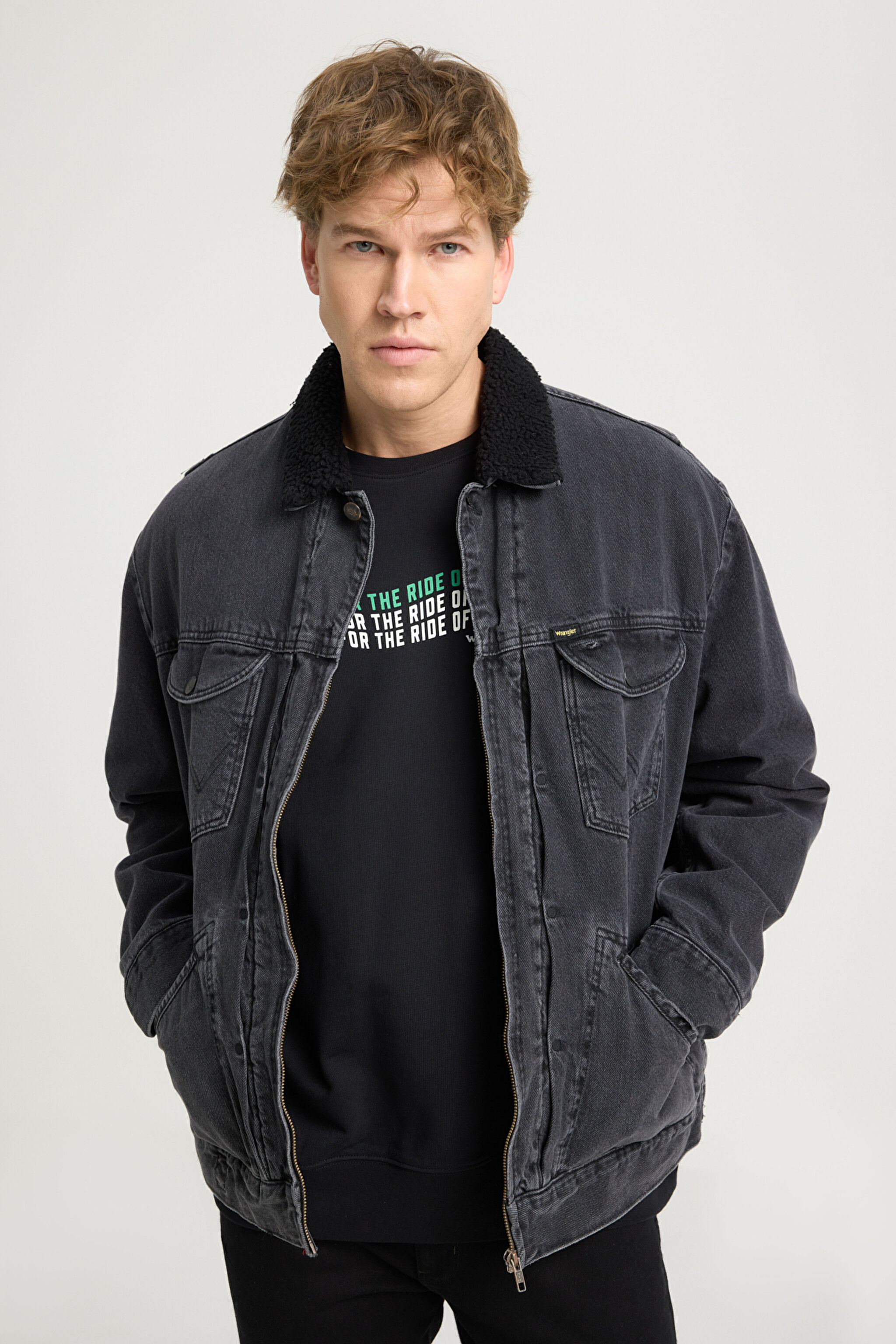 Regular Fit Normal Kesim Tam Fermuarlı Sherpa Jean Kot Ceket