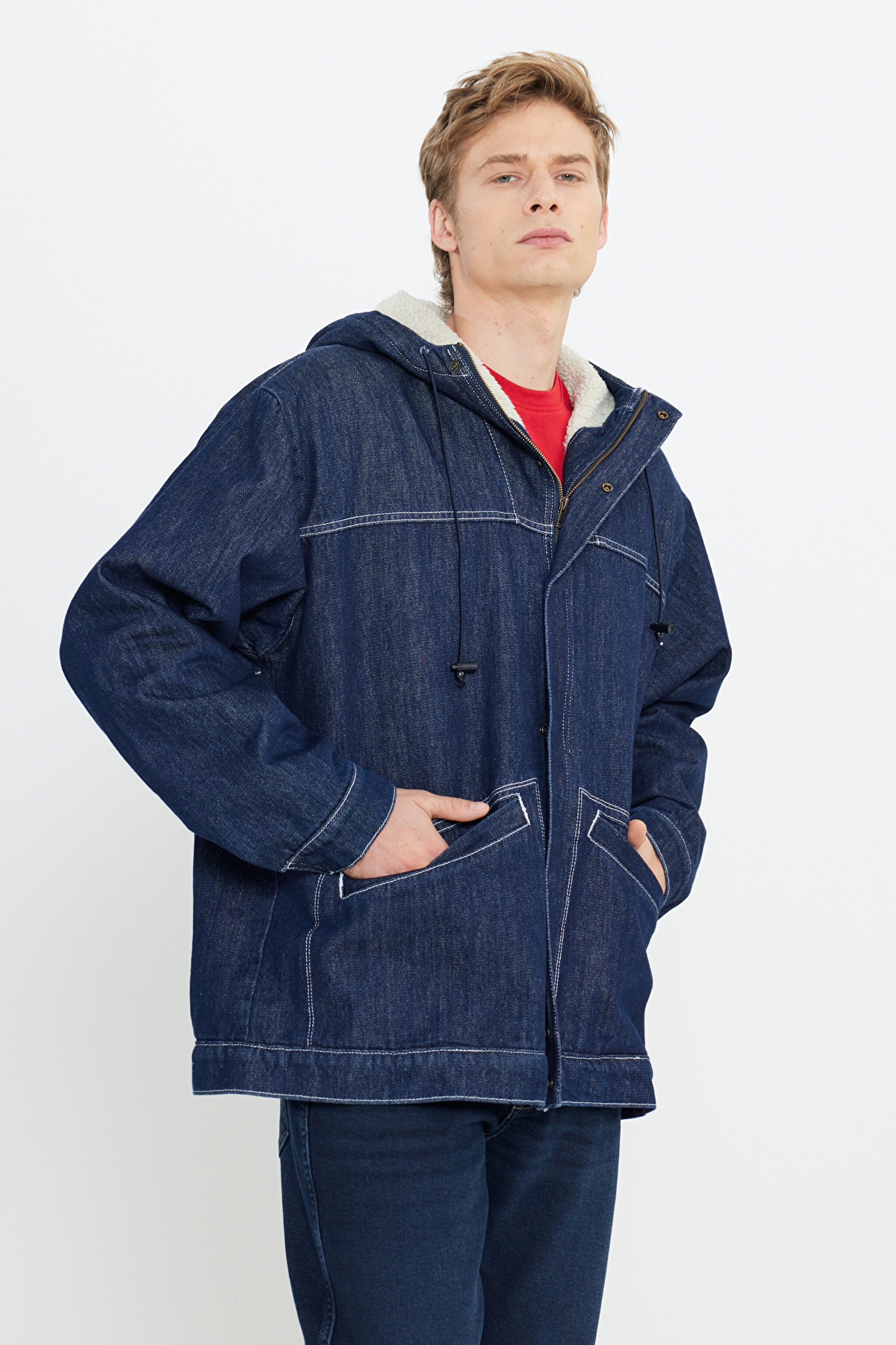Regular Fit Normal Kesim %100 Pamuk Kapüşonlu Sherpa Jean Kot Ceket - Indigo Hemp-W476CD12O (görsel 2)