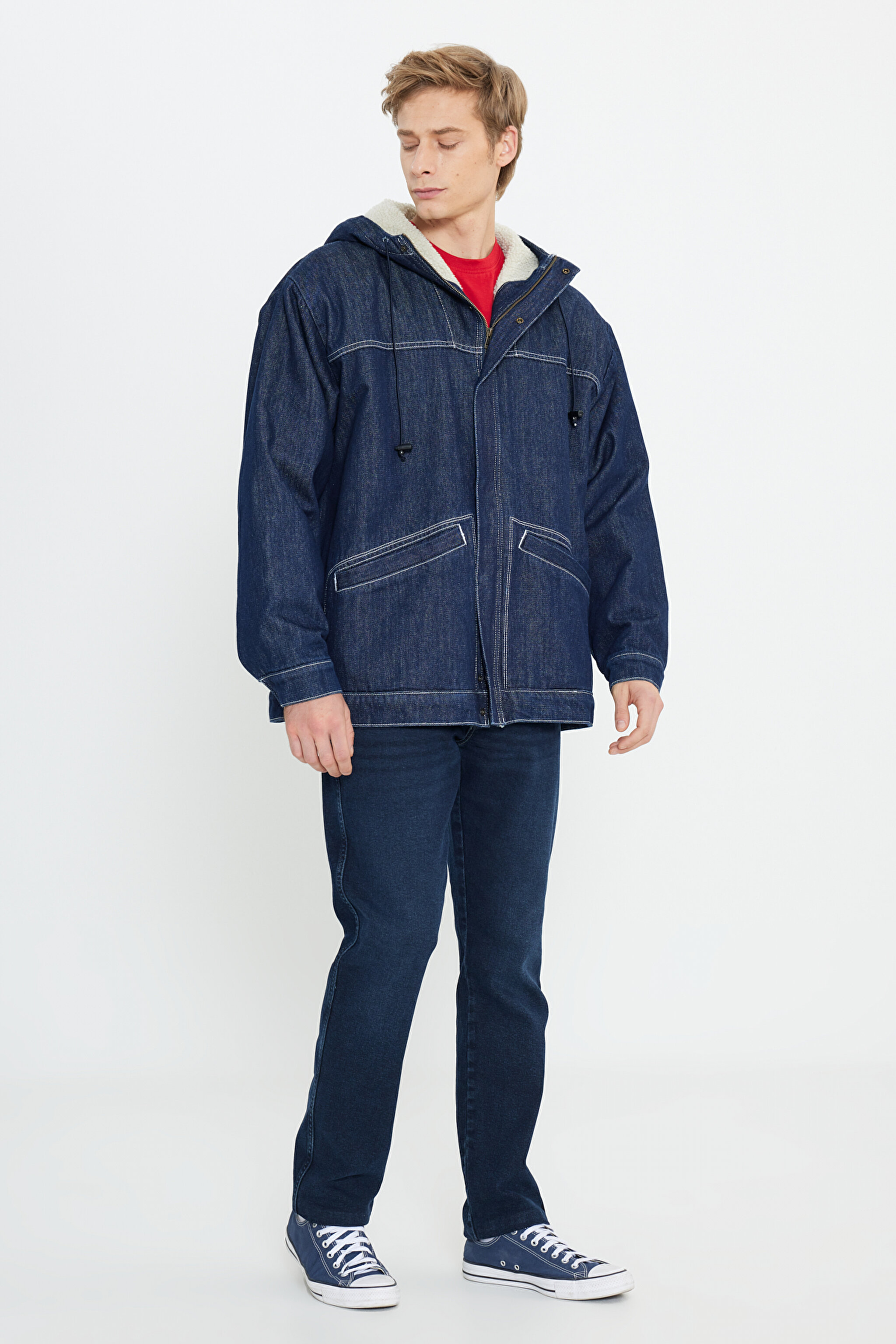 Regular Fit Normal Kesim %100 Pamuk Kapüşonlu Sherpa Jean Kot Ceket - Indigo Hemp-W476CD12O (görsel 3)